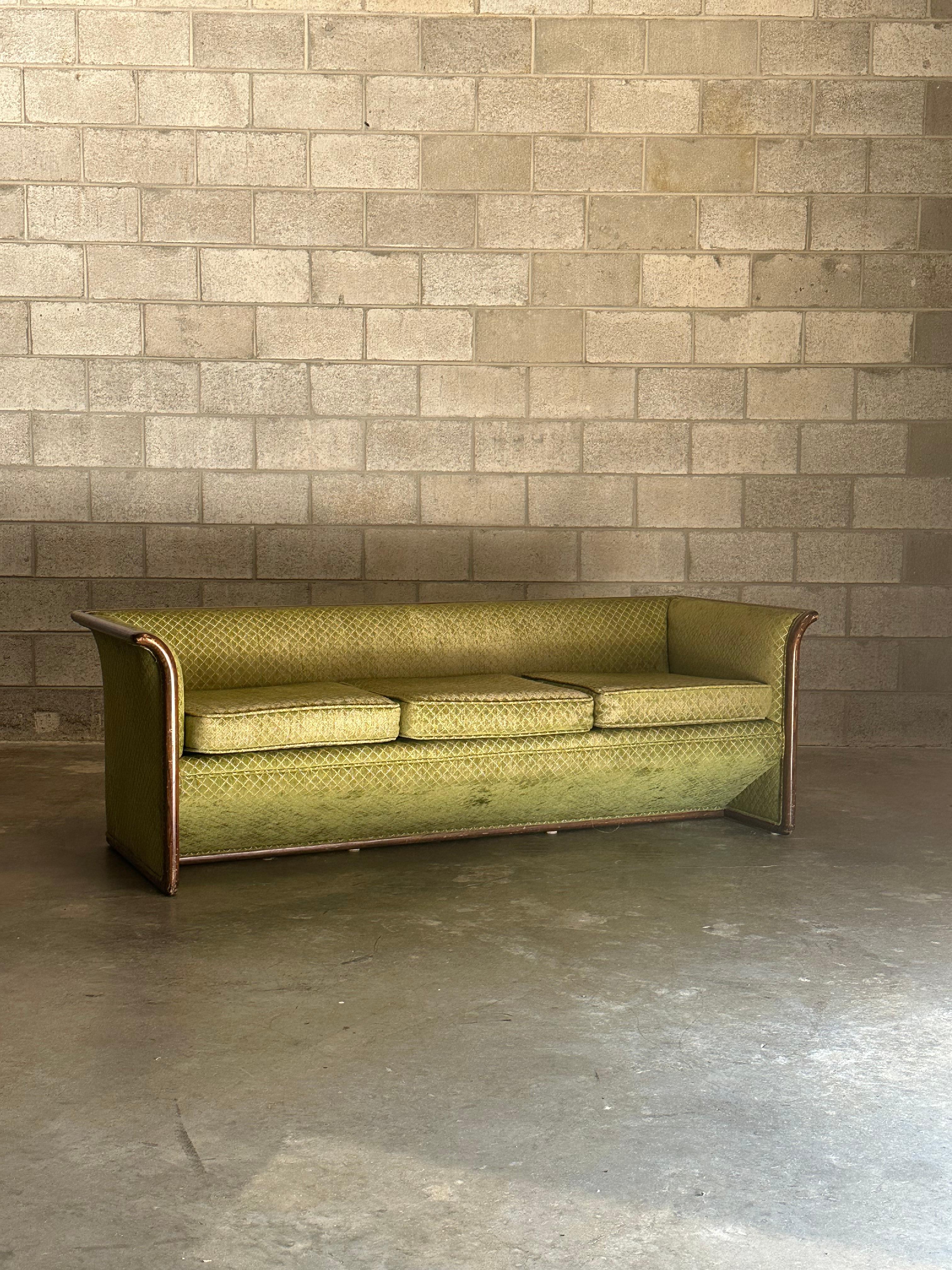 Great postmodern sofa designed by Ward Bennett for Brickel Associates. This sofa is bordered in Ash with outward bowing arms and back. Great form and rare sofa. Matching chairs available separately. Pieces are unmarked but these are a documented