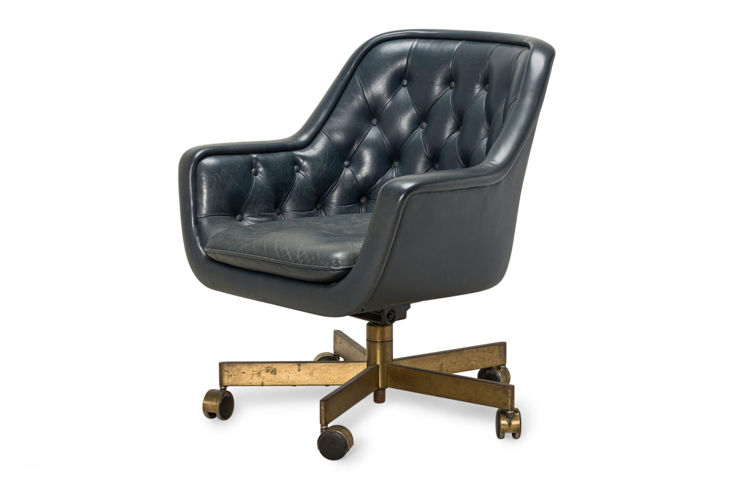 American Ward Bennett for Brickel Associates Tufted Blue Leather Swivel Office Chair For Sale
