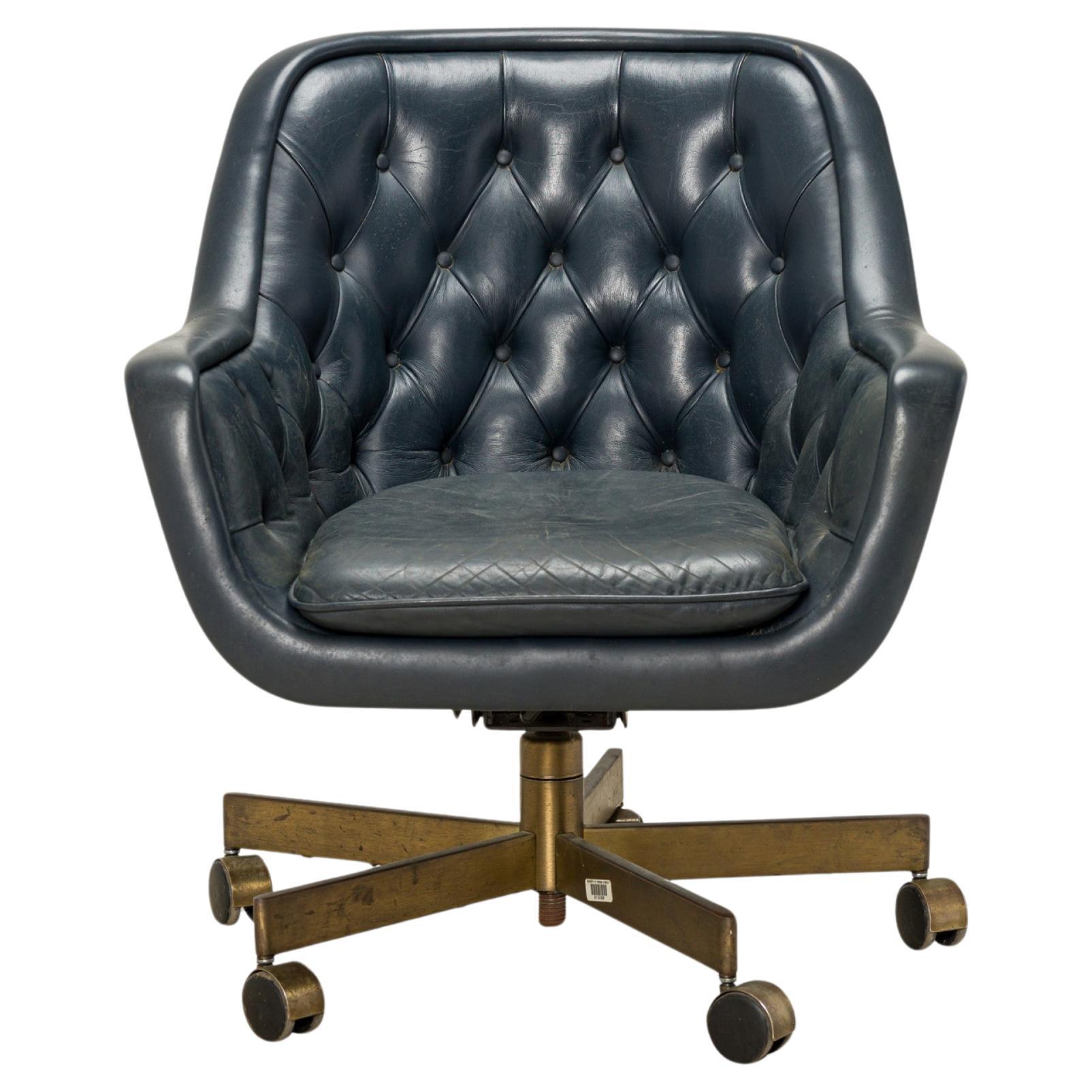 Ward Bennett for Brickel Associates Tufted Blue Leather Swivel Office Chair