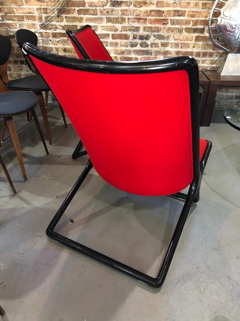 American Ward Bennett for Brickel Black Ash Scissor Lounge Chairs, Red Wool Bouclé, 1984 For Sale