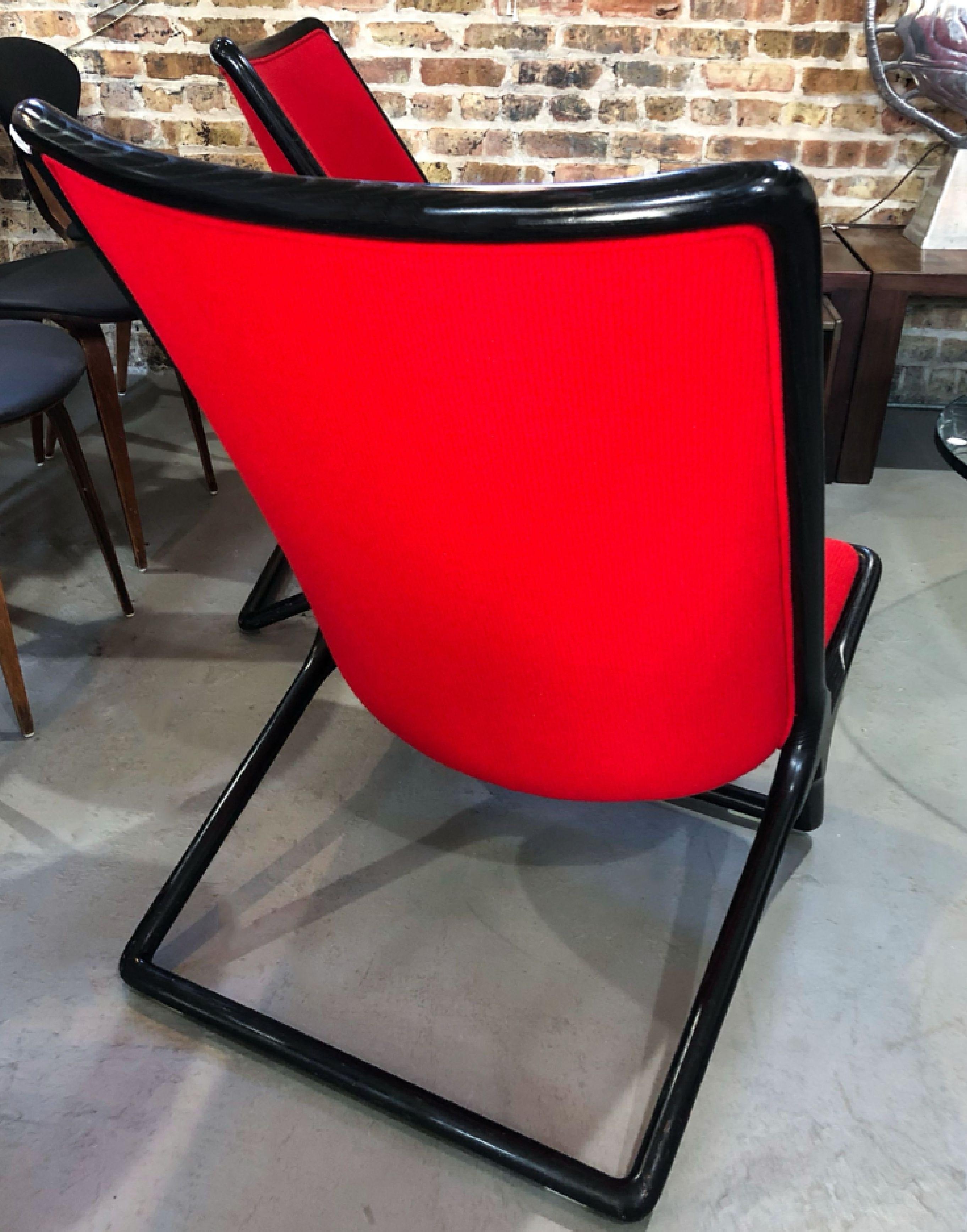 American Ward Bennett for Brickel Black Ash Scissor Lounge Chair, Red Wool Bouclé, 1984  For Sale