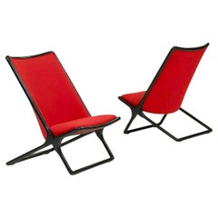 Ward Bennett for Brickel Black Ash Scissor Lounge Chair, Red Wool Bouclé, 1984