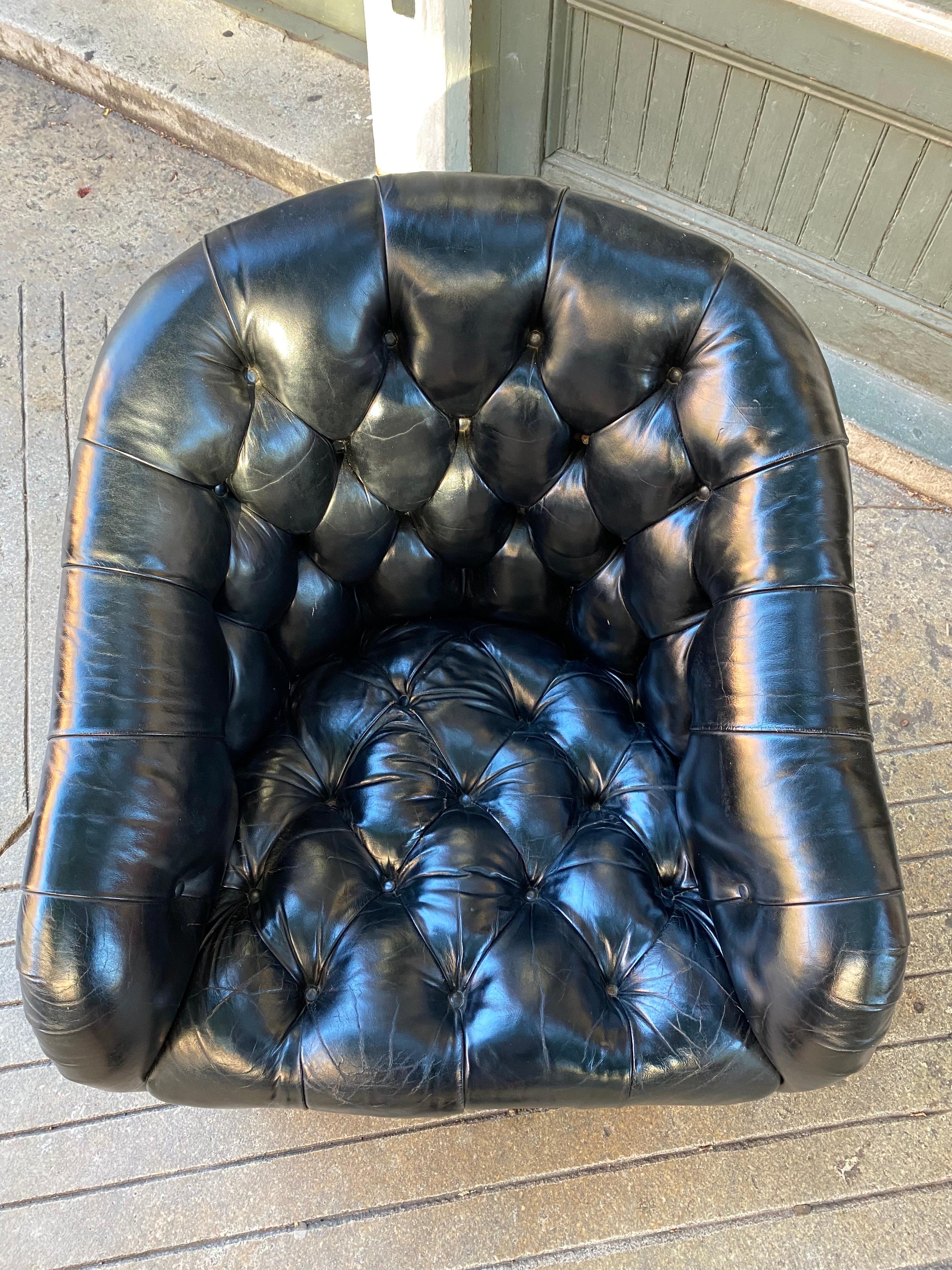 Ward Bennett for Brickel Tufted Black Leather Swivel Lounge Chair 5