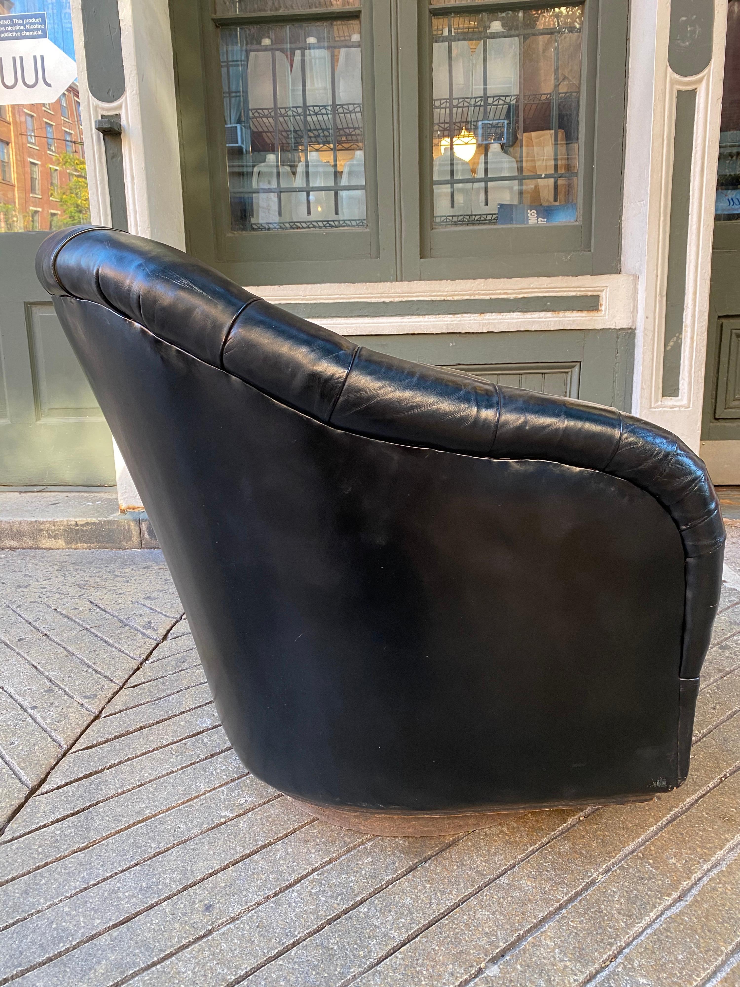 Mid-Century Modern Ward Bennett for Brickel Tufted Black Leather Swivel Lounge Chair