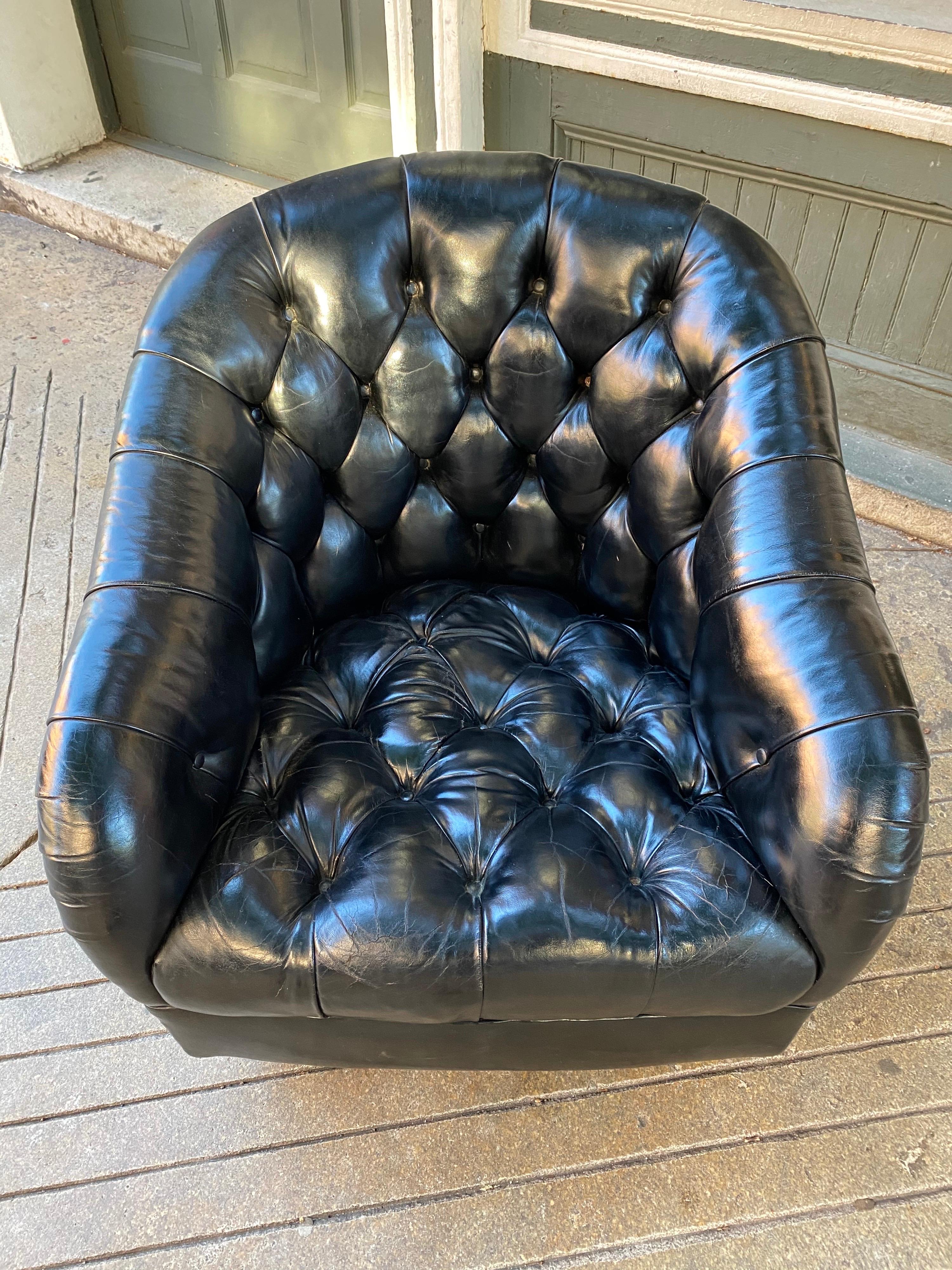 American Ward Bennett for Brickel Tufted Black Leather Swivel Lounge Chair