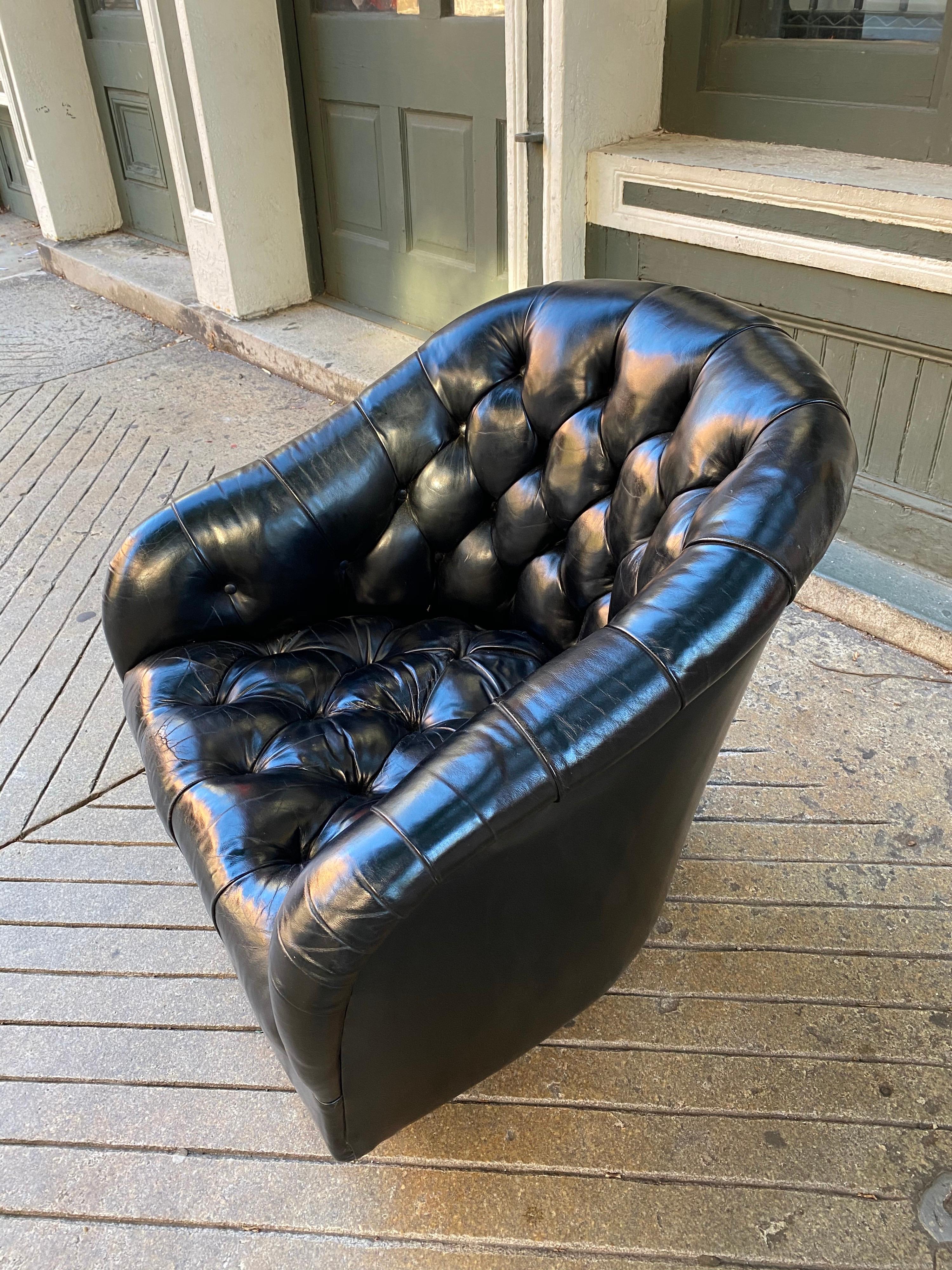 Ward Bennett for Brickel Tufted Black Leather Swivel Lounge Chair 3
