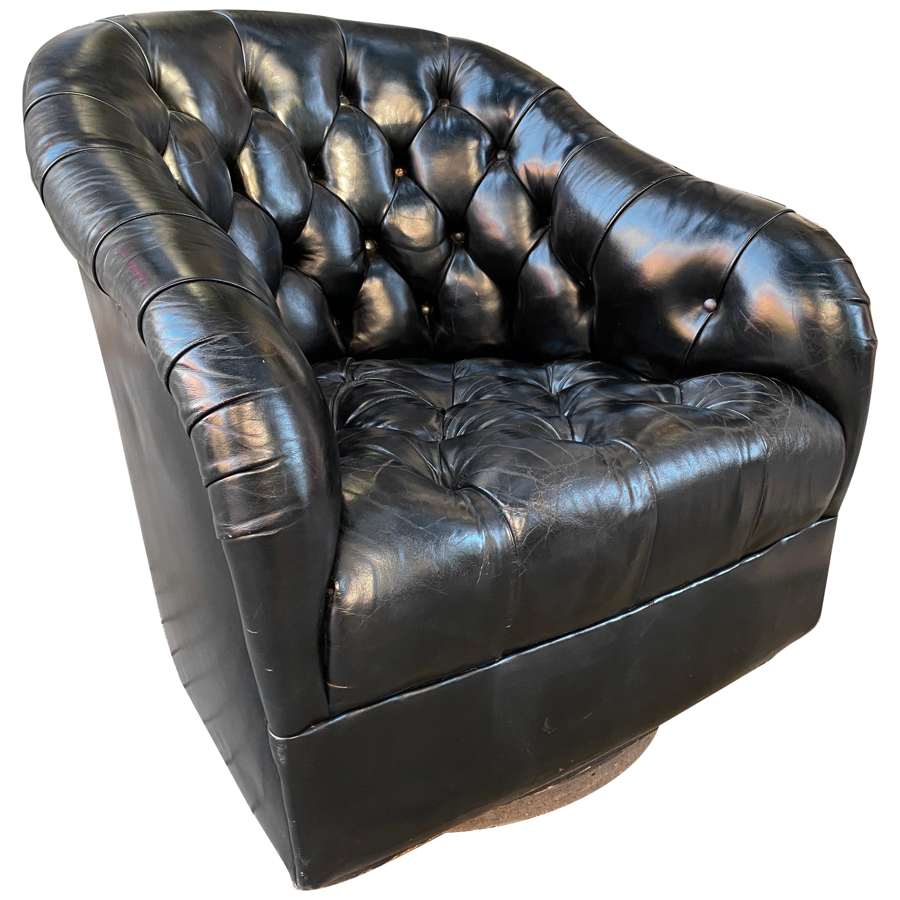 Ward Bennett for Brickel Tufted Black Leather Swivel Lounge Chair