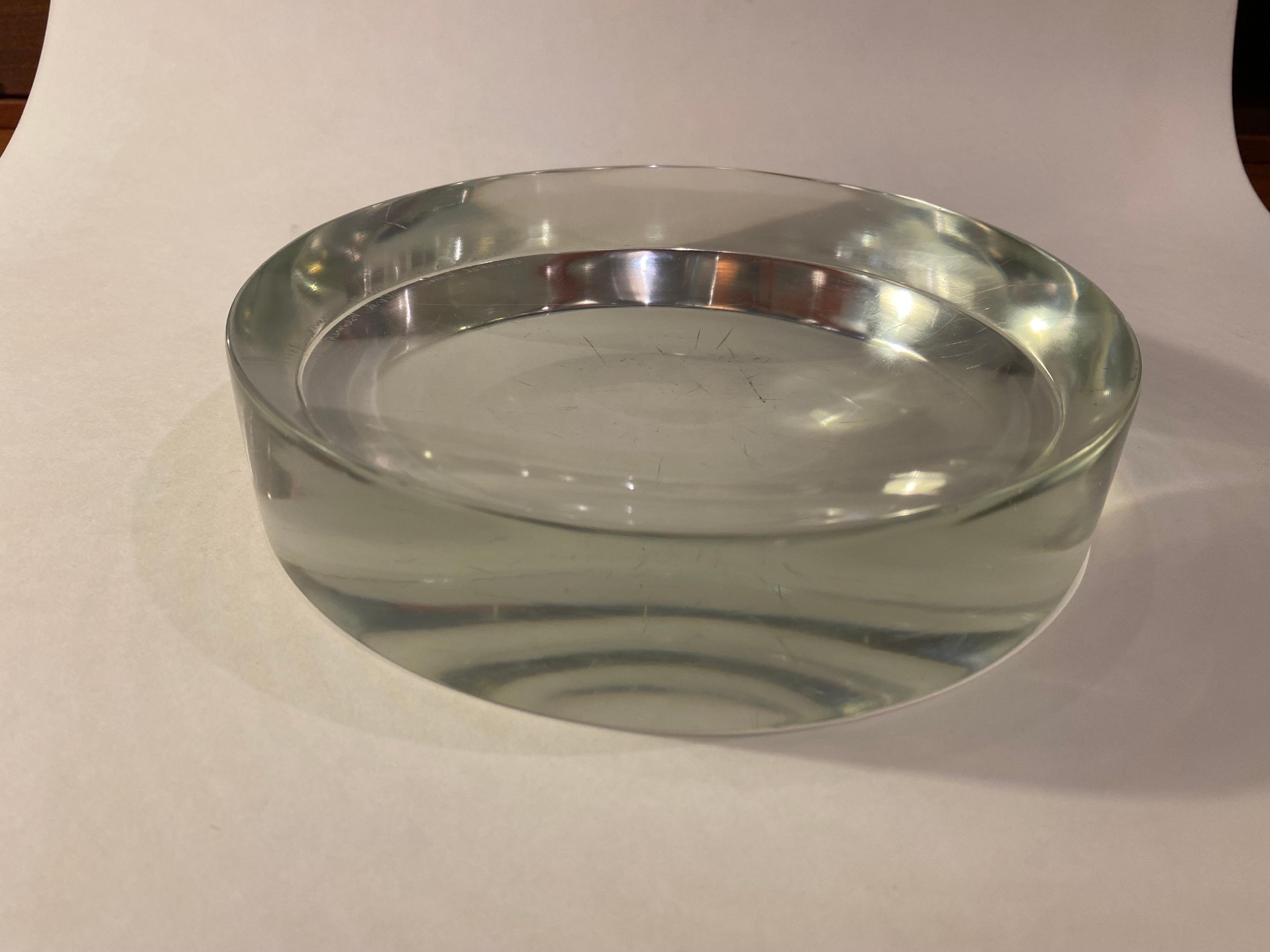 Ward Bennett for Brickel Vide-Poche Glass Dish. Ground bottom, classic simple shape perfect for coins, keys or those watches. Bottome shows scratches as you can see in photos.