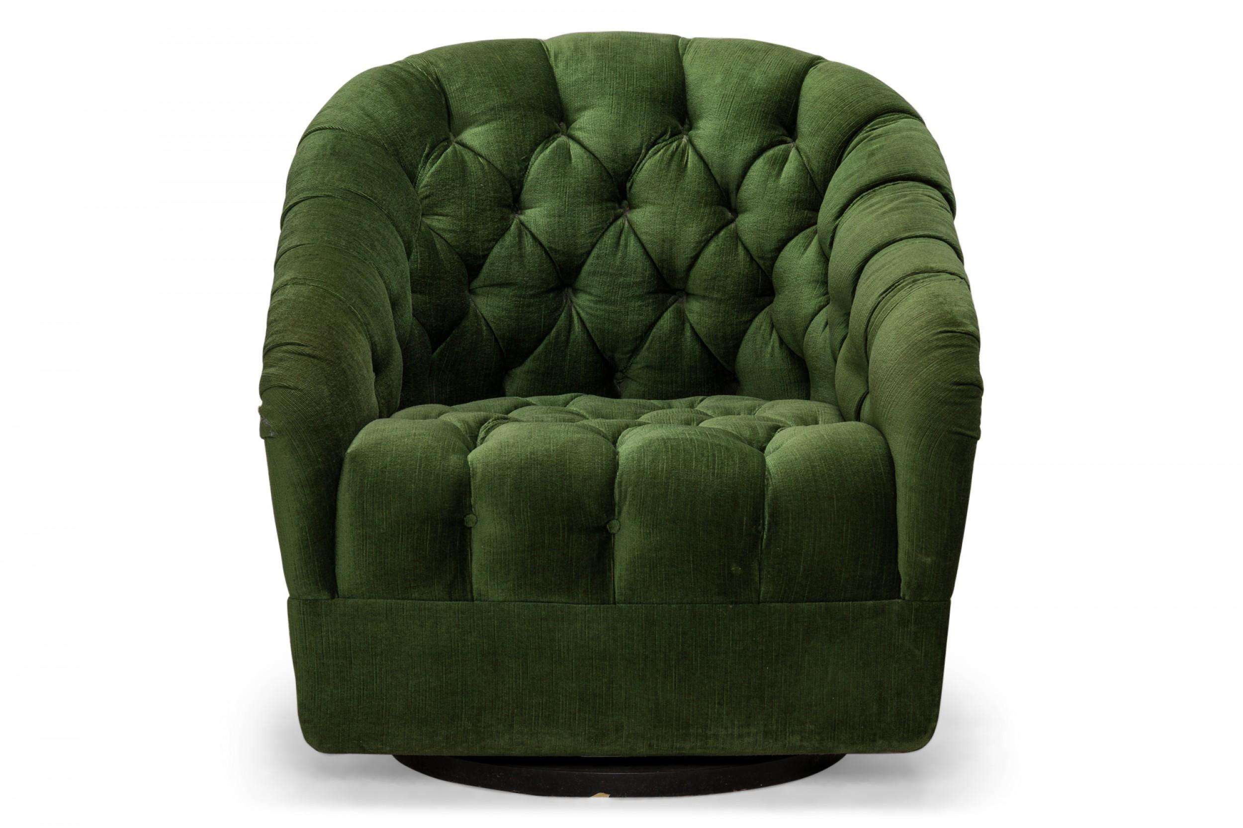 American mid-century tub form swiveling lounge / armchair with green button tufted upholstery. (Ward Bennett).
  