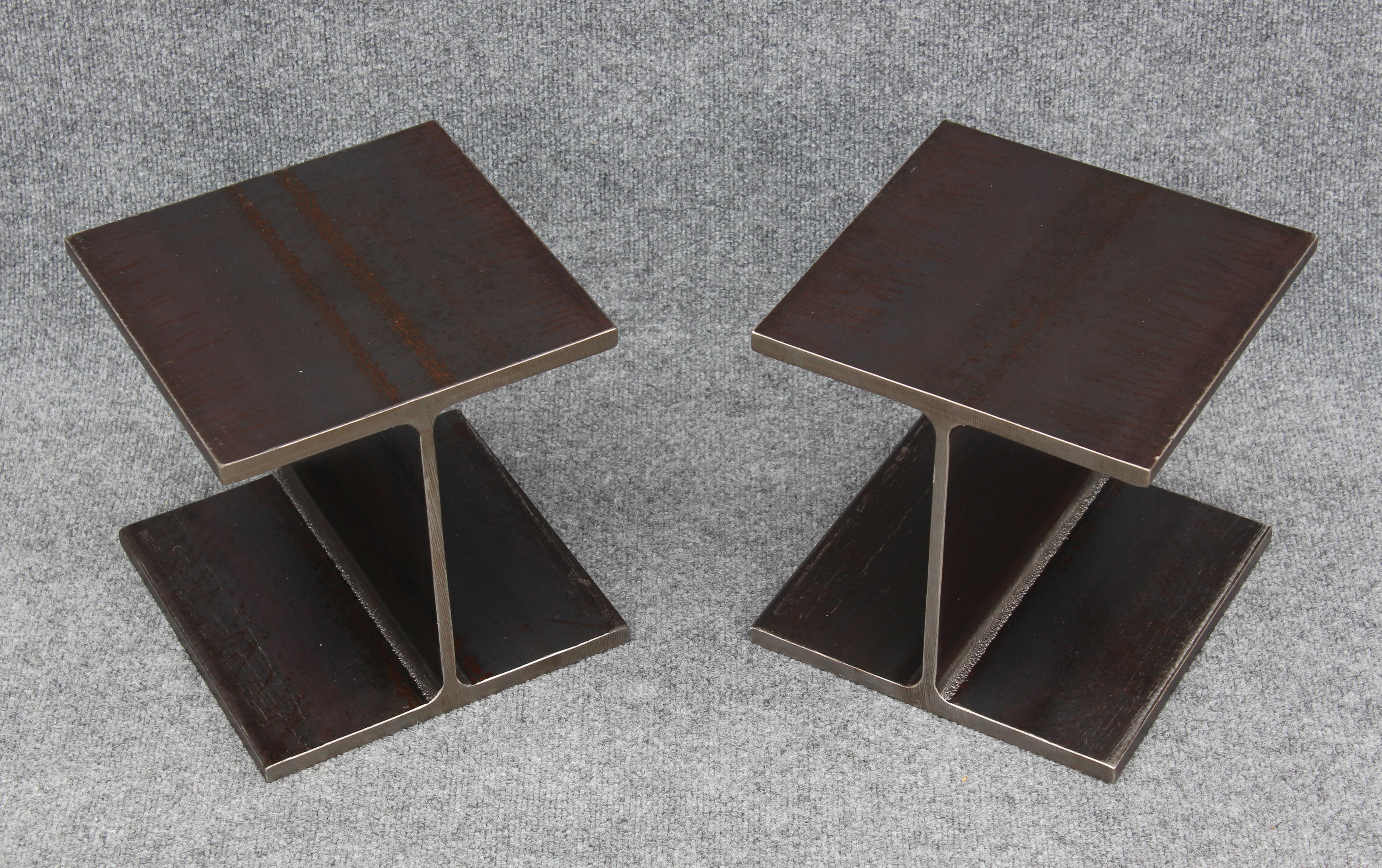 In creating a prototype, Ward Bennett actually cut off a section of a steel I-beam to achieve the raw aesthetic he was after. Here, a pair of solid enameled steel side tables after his innovative design. Each is very well made, with crisp surfaces