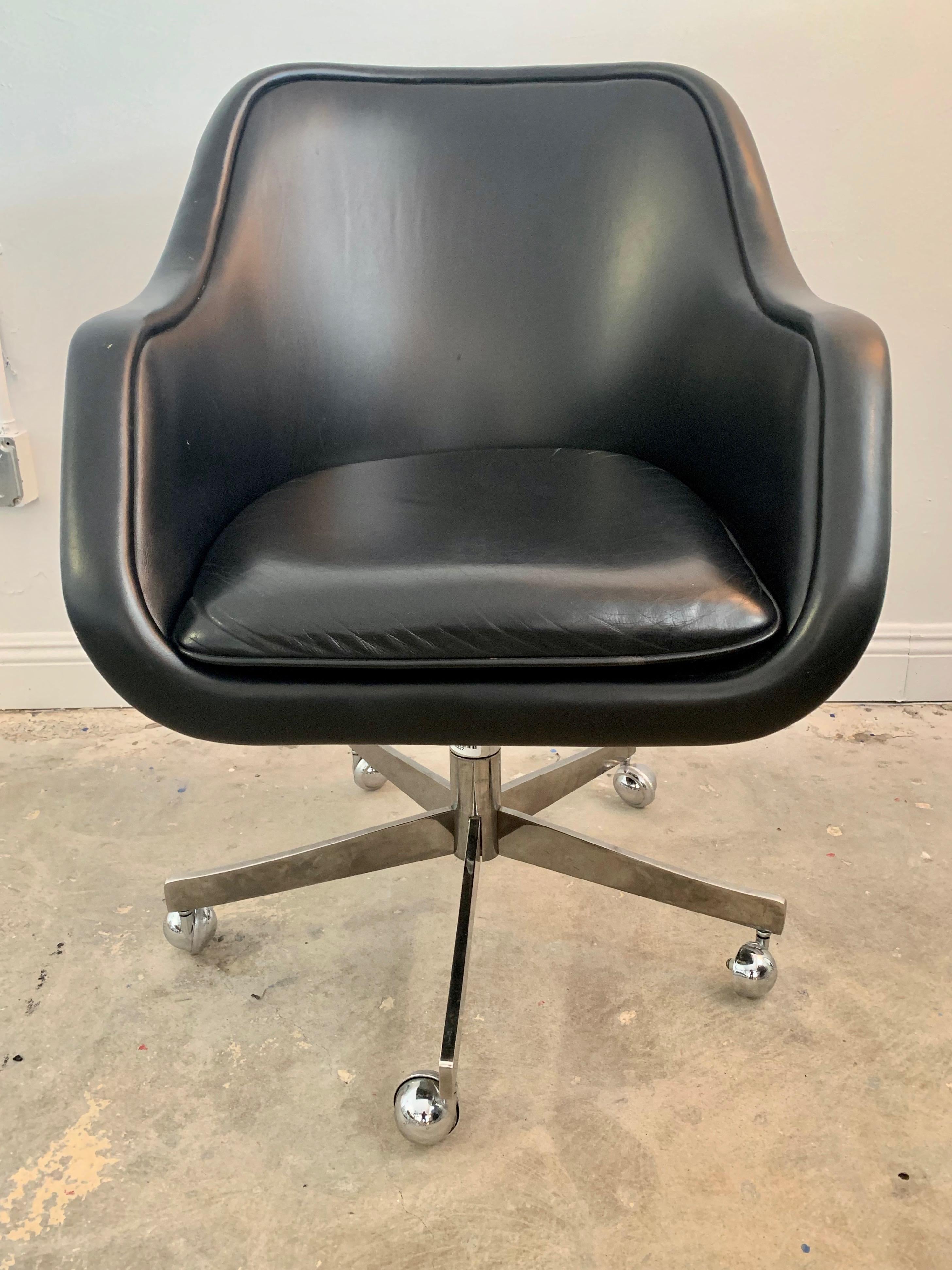 Elegant leather desk chair by Ward Bennett for Brickell Associates. Original tags. Nickel base. Reclines and swivels. Height is adjustable. Great vintage condition. Terribly comfortable.