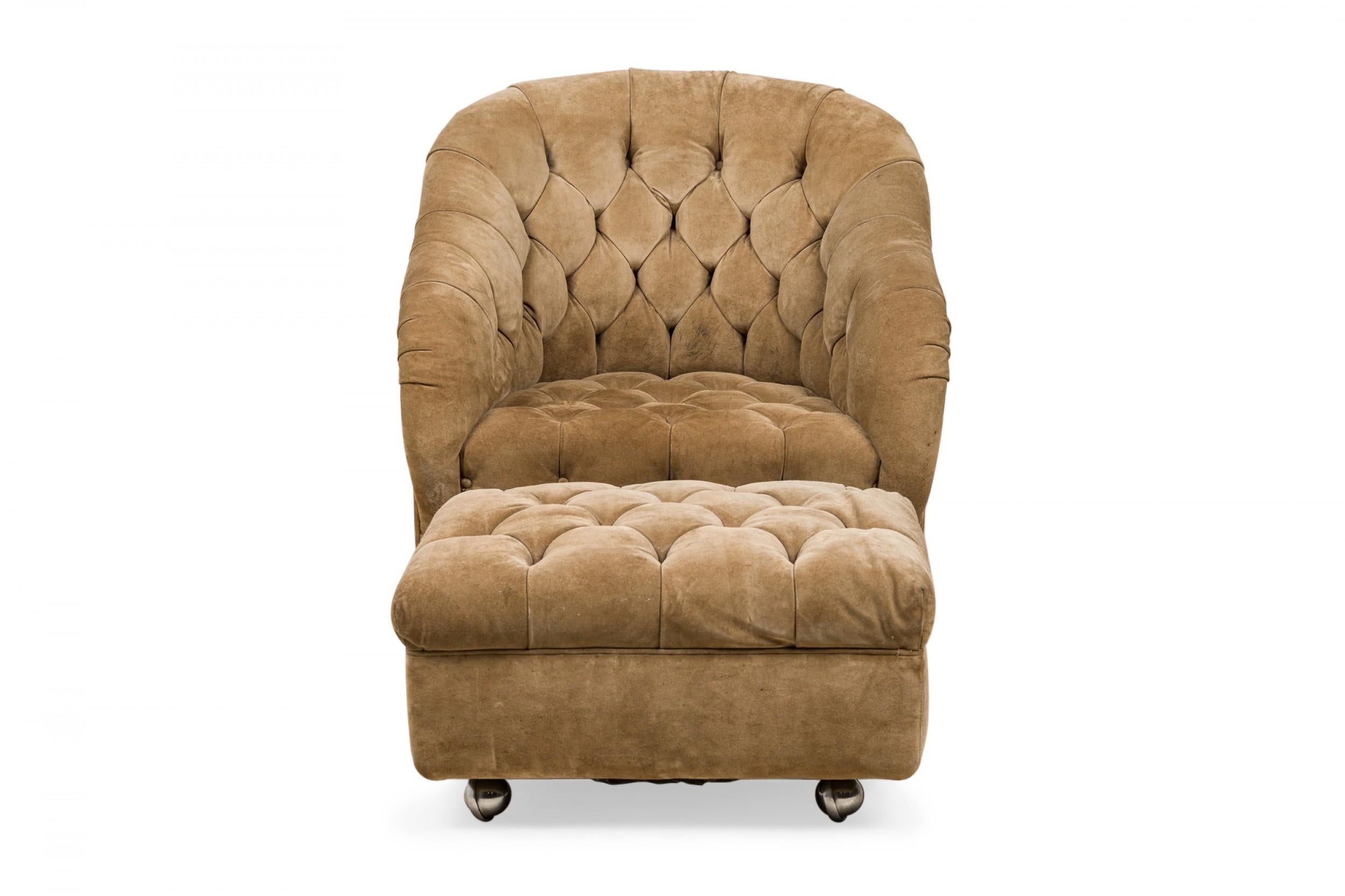 American Mid-Century tub-form lounge / armchair and matching ottoman set, upholstered in light brown button tufted velvet upholstery. (WARD BENNETT)(PRICED AS SET)
