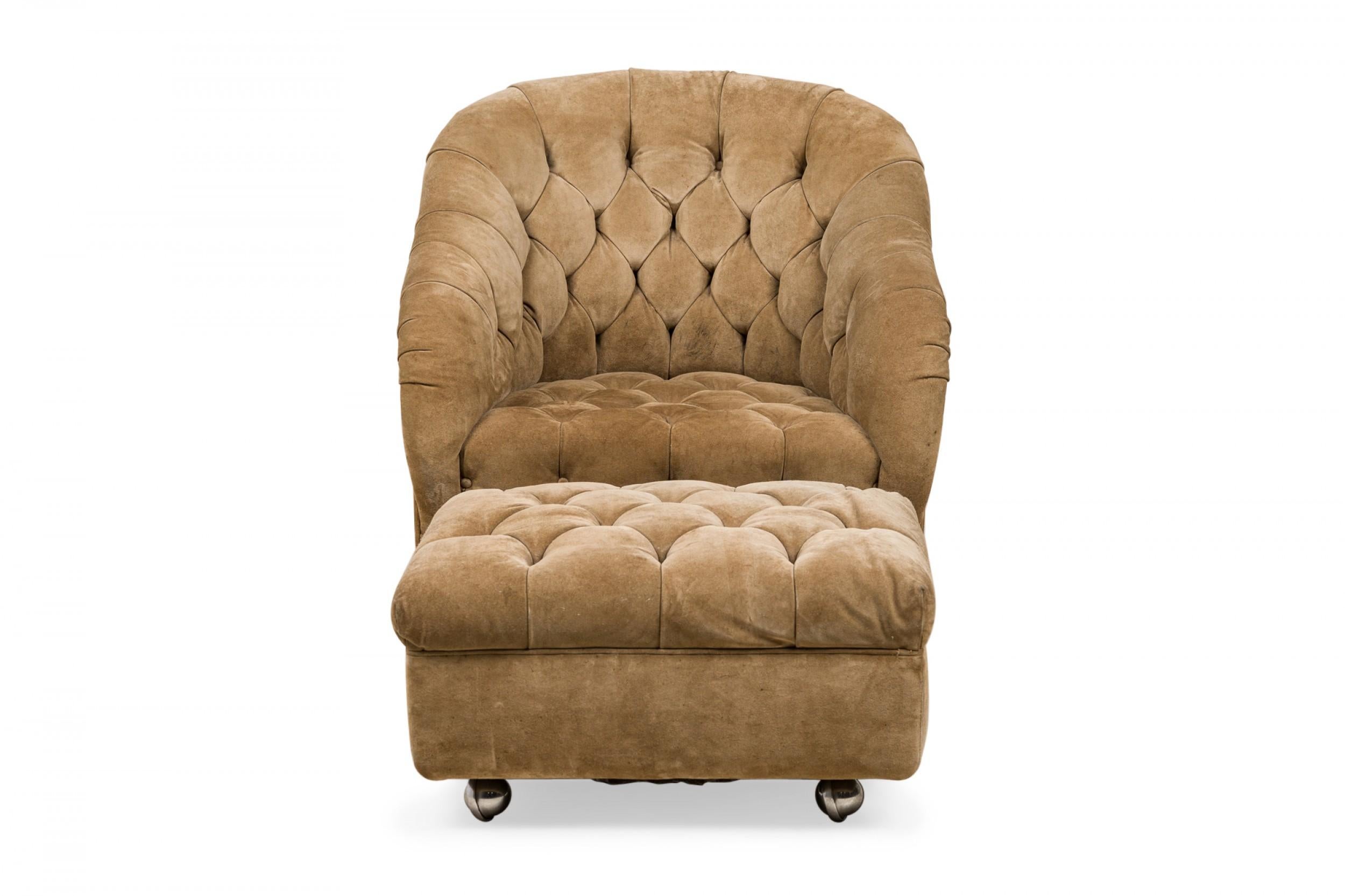 American Mid-Century tub-form lounge / armchair and matching ottoman Set, upholstered in light brown button tufted velvet upholstery. (WARD BENNETT)(PRICED AS Set)

Footstool dimensions: 25.5