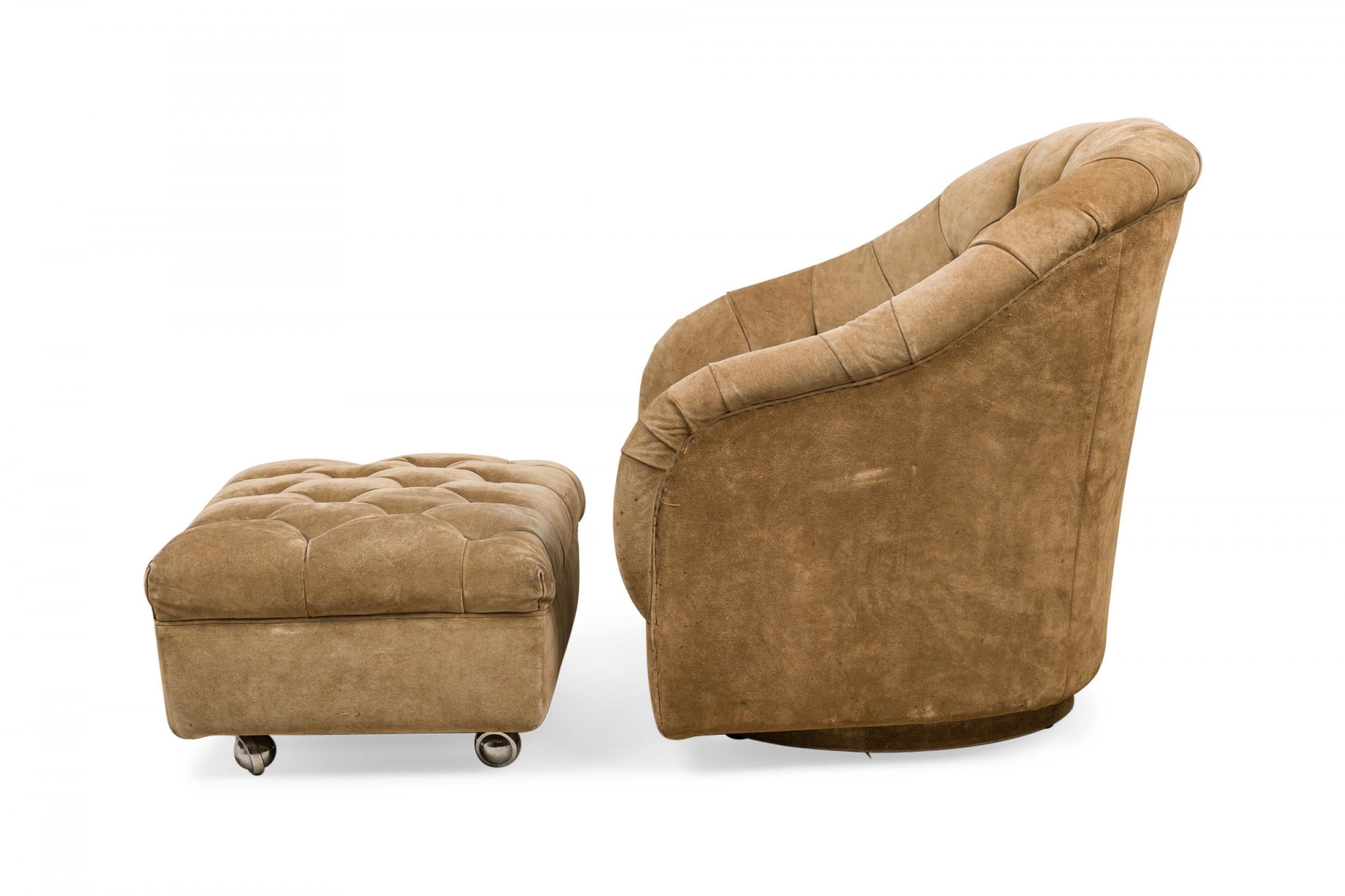 Mid-Century Modern Ward Bennett Light Brown Tufted Velvet Tub Lounge Chair and Ottoman For Sale
