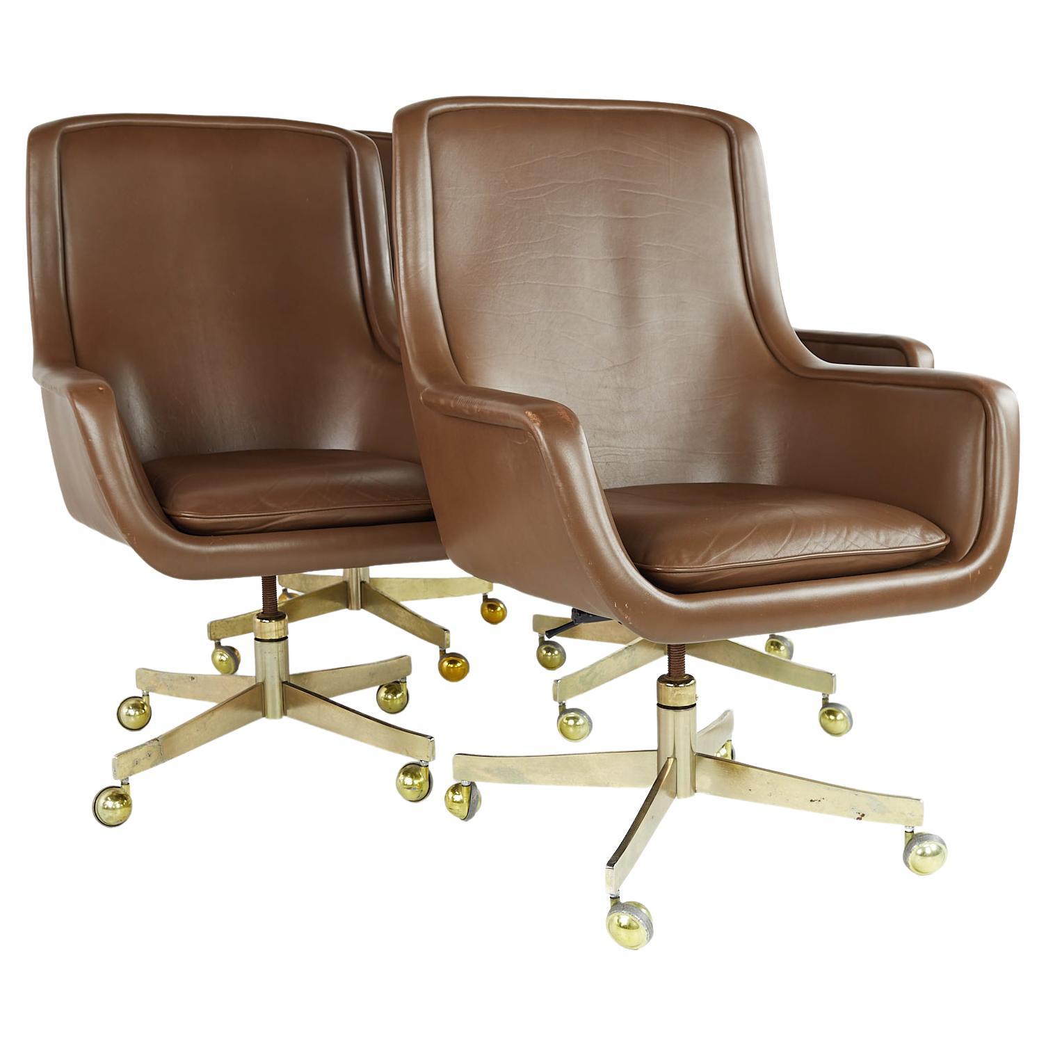 Ward Bennett MCM Executive Highback Brass and Leather Office Chairs, Set 4