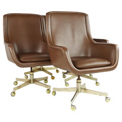 Used Ward Bennett MCM Executive Highback Brass and Leather Office Chairs, Set 4