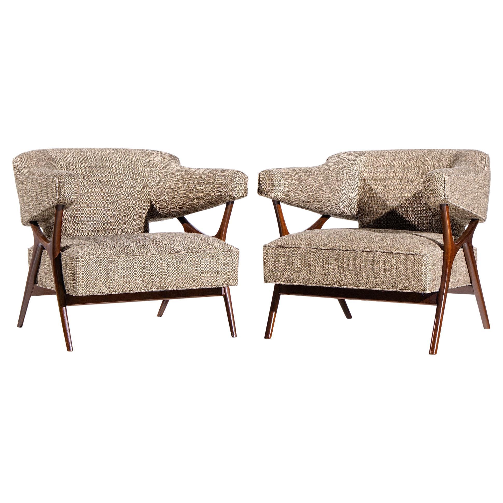 Ward Bennett Mid Century Sculptural Walnut Lounge Chairs - Pair