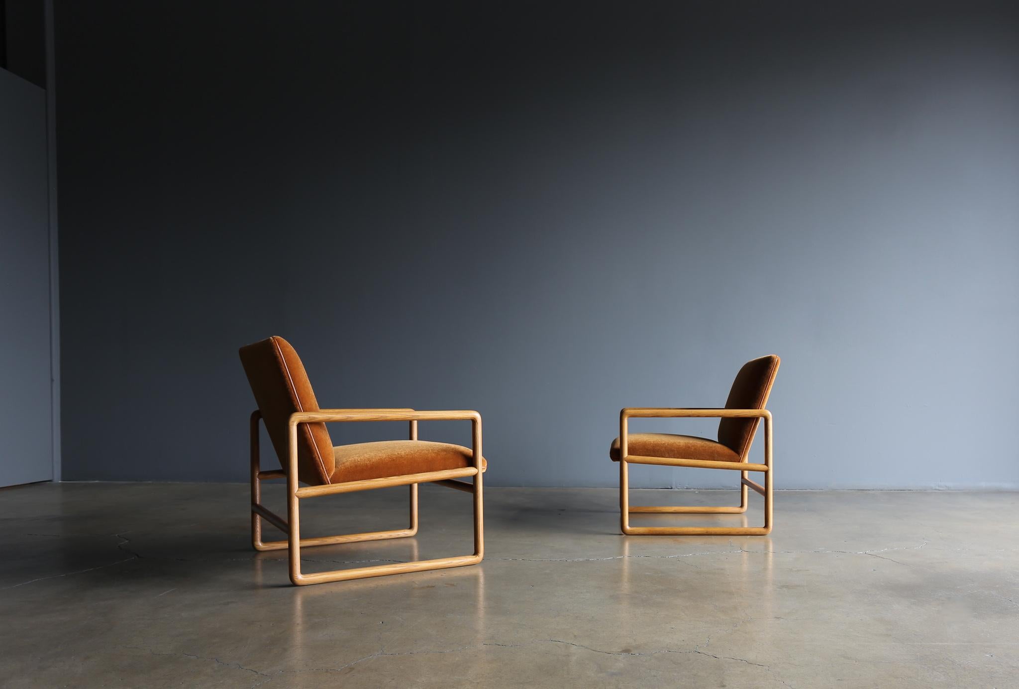 Leather Ward Bennett Oak & Mohair Lounge Chairs for Brickel Associates, circa 1960