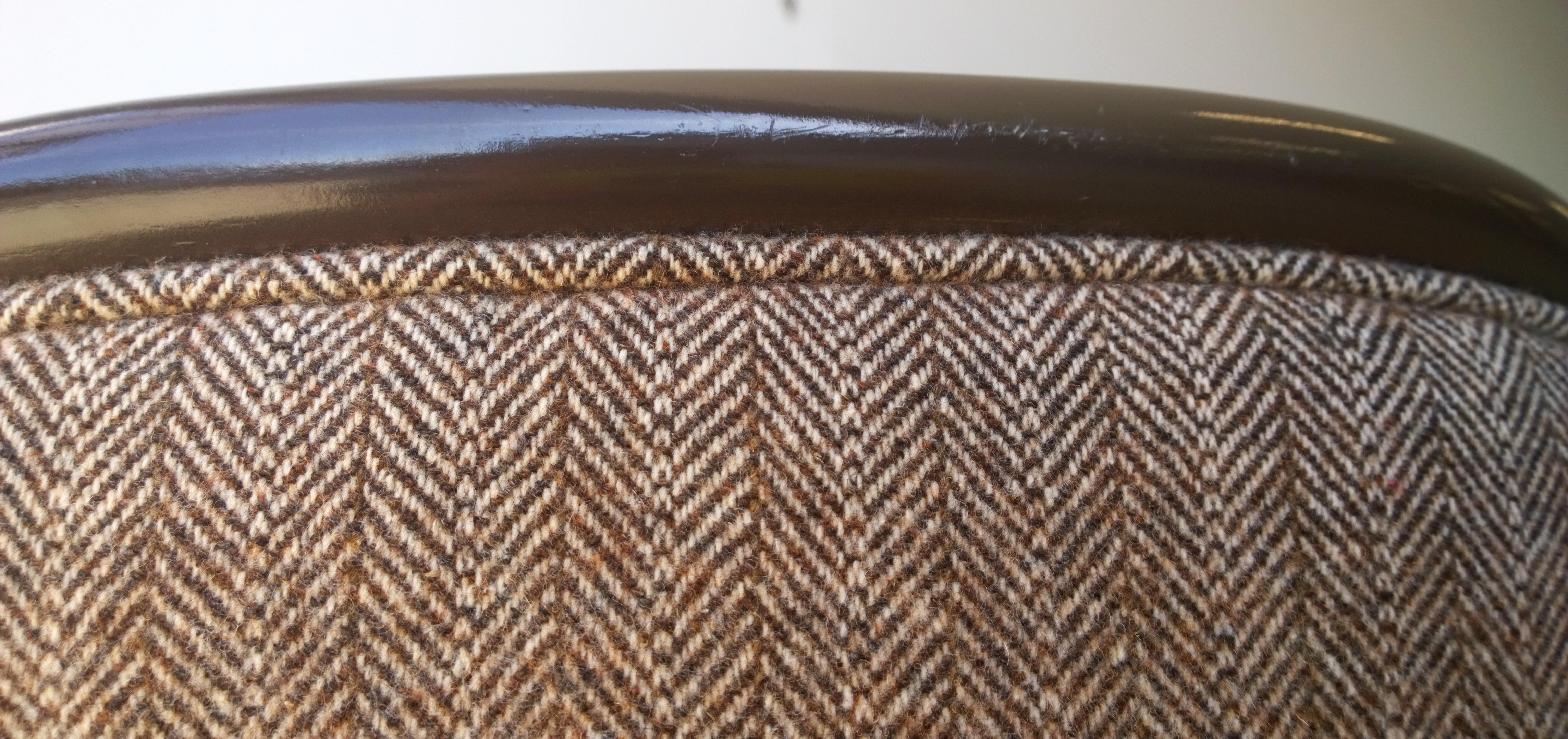 Pr of Ward Bennett Brown Lacquered Fame w/ Herringbone Wool Upholstery Armchairs For Sale 3
