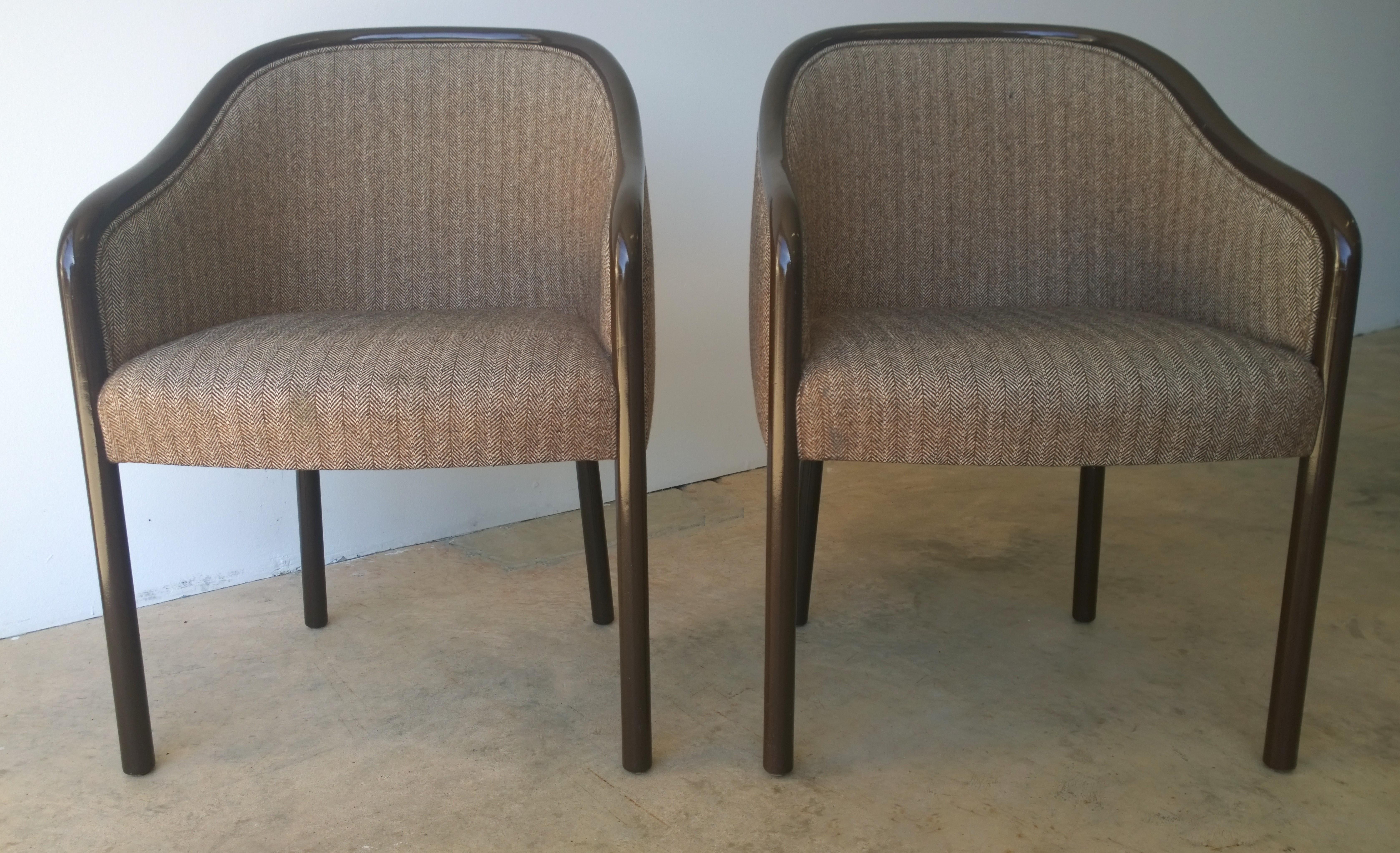 Offered is a signed pair of Mid-Century Modern Ward Bennett for Brickell and Associates armchairs lacquered in dark brown with brown and cream original wool herringbone. The wood barrel frame was professionally lacquered in brown a few years back