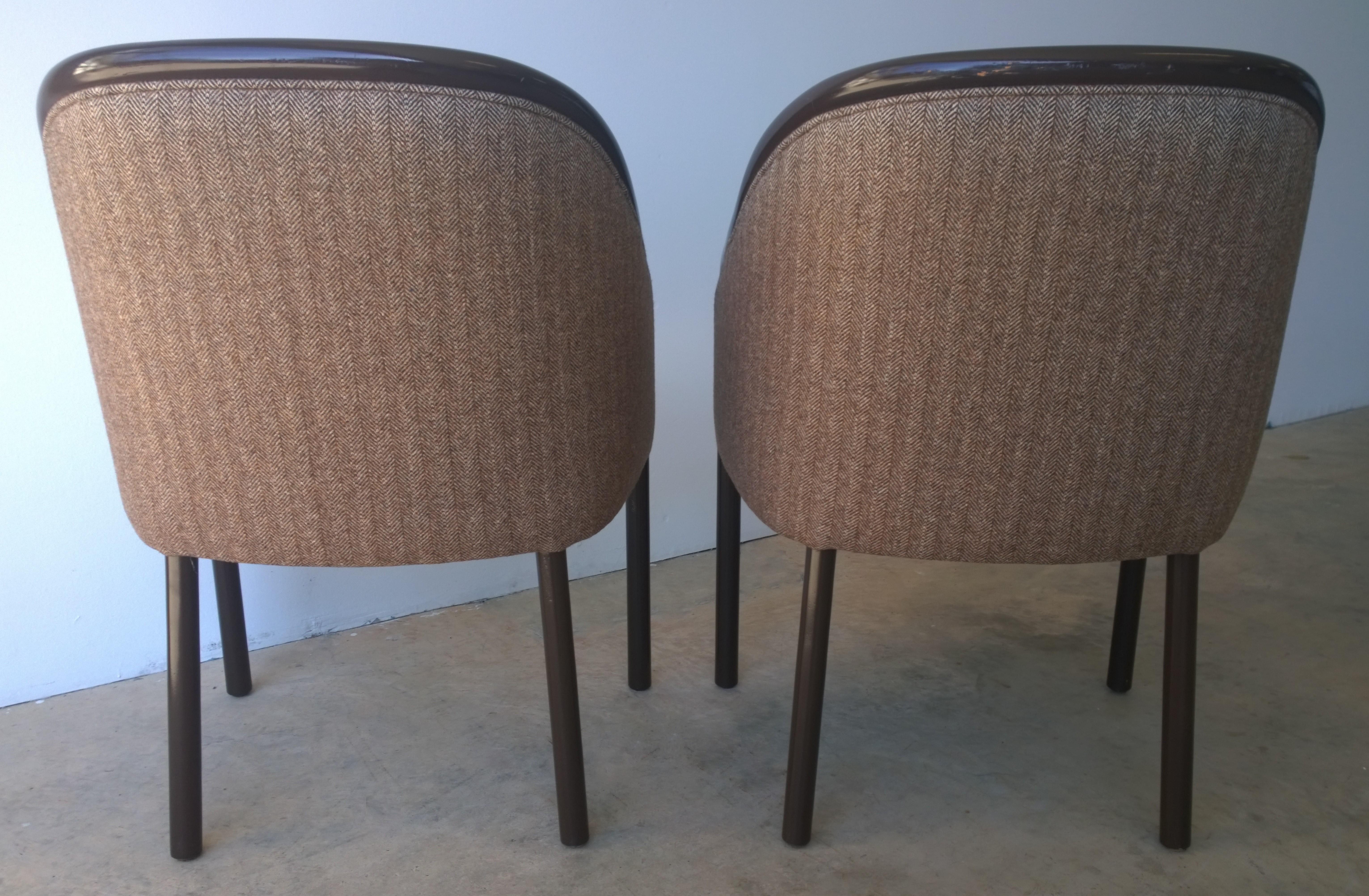 Mid-Century Modern Pr of Ward Bennett Brown Lacquered Fame w/ Herringbone Wool Upholstery Armchairs For Sale
