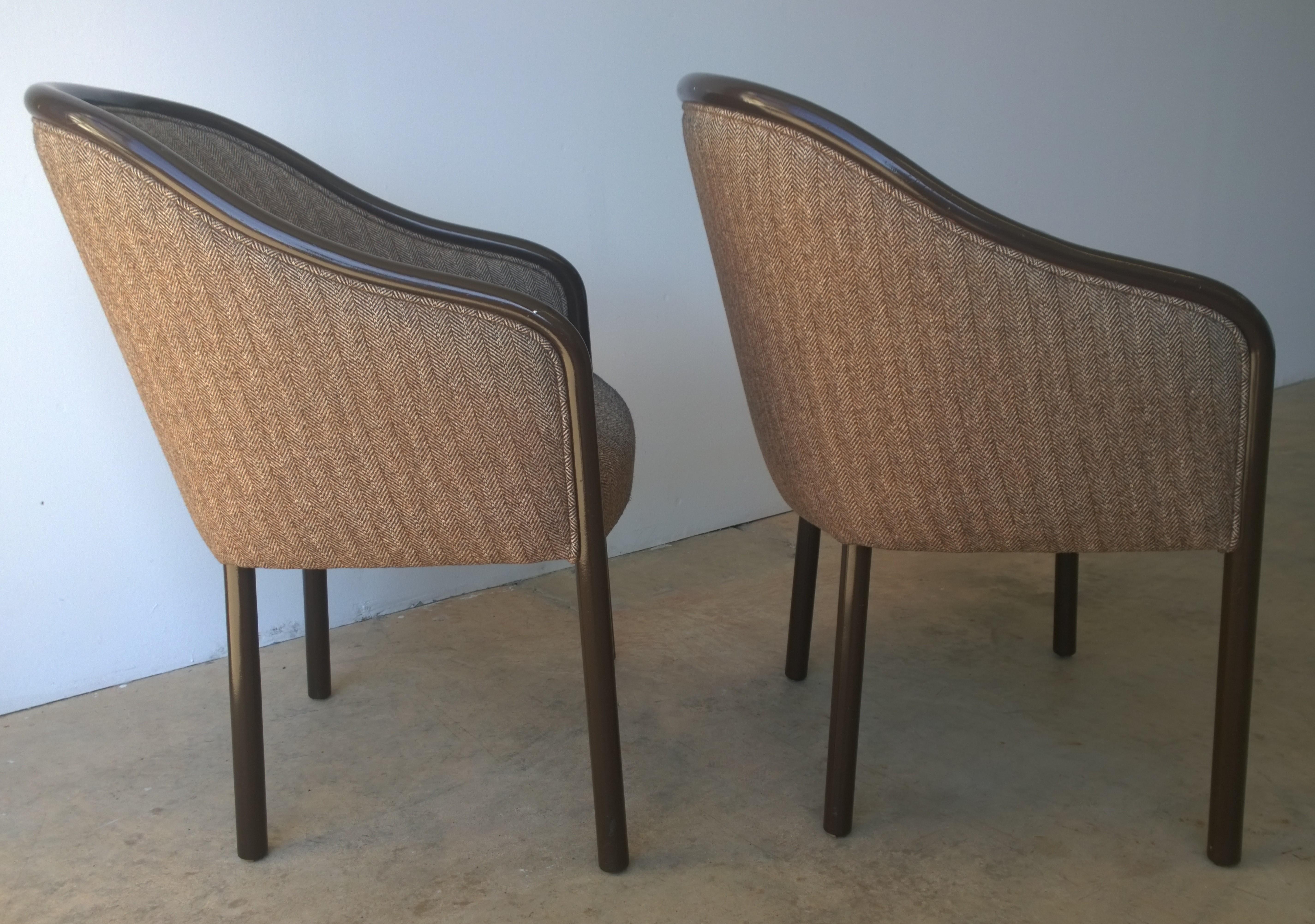 American Pr of Ward Bennett Brown Lacquered Fame w/ Herringbone Wool Upholstery Armchairs For Sale