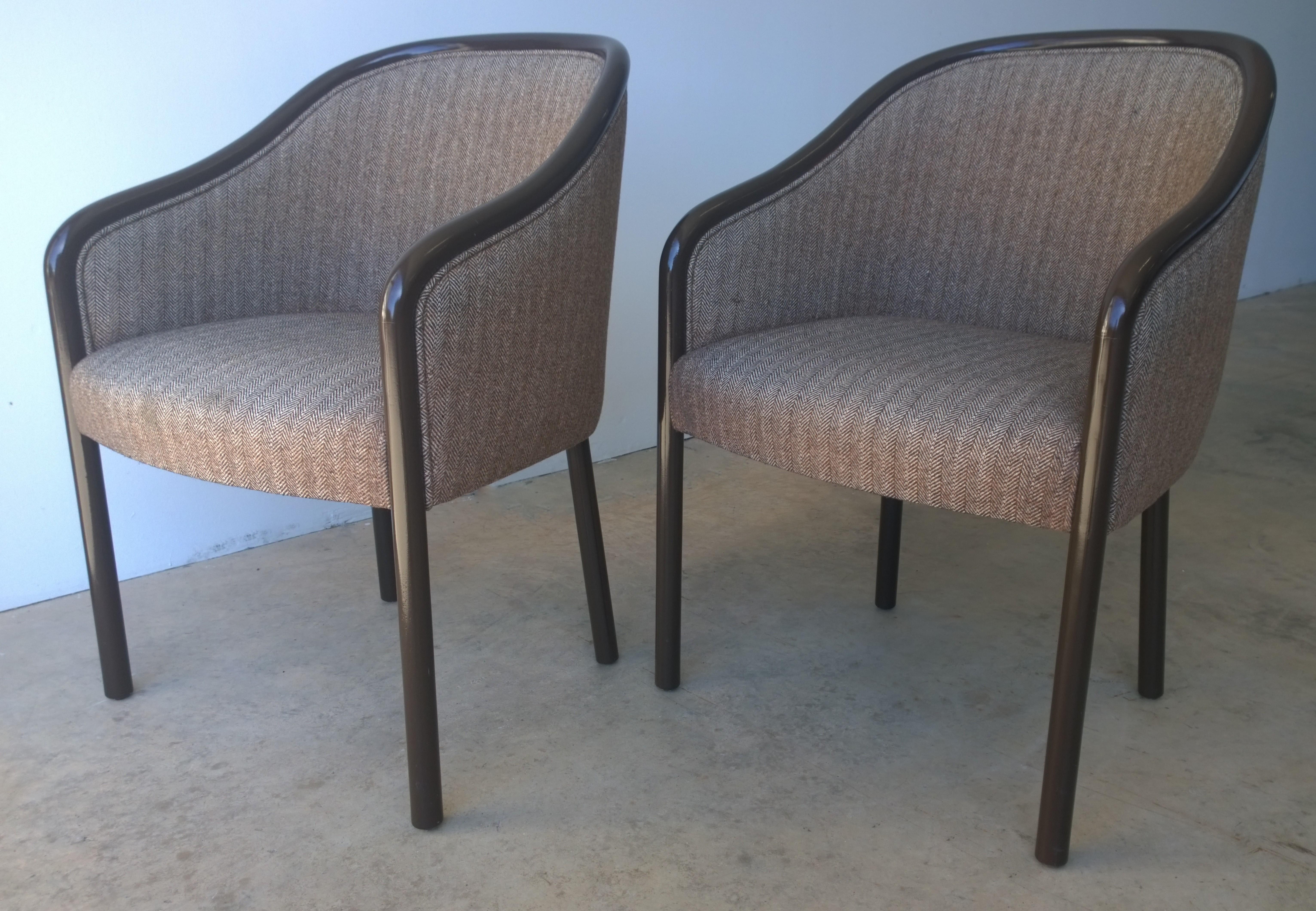 Pr of Ward Bennett Brown Lacquered Fame w/ Herringbone Wool Upholstery Armchairs In Good Condition For Sale In Houston, TX