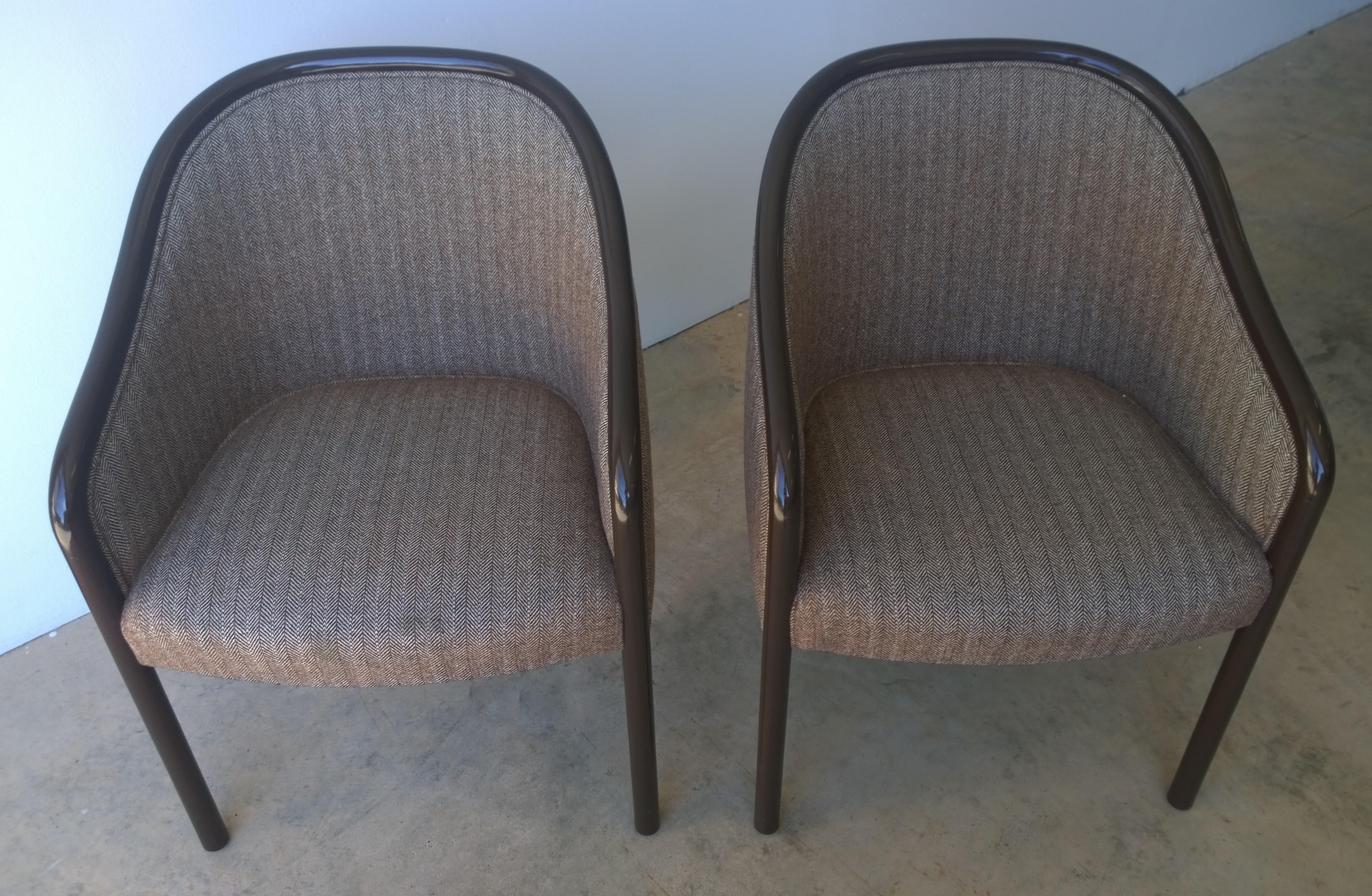 20th Century Pr of Ward Bennett Brown Lacquered Fame w/ Herringbone Wool Upholstery Armchairs For Sale