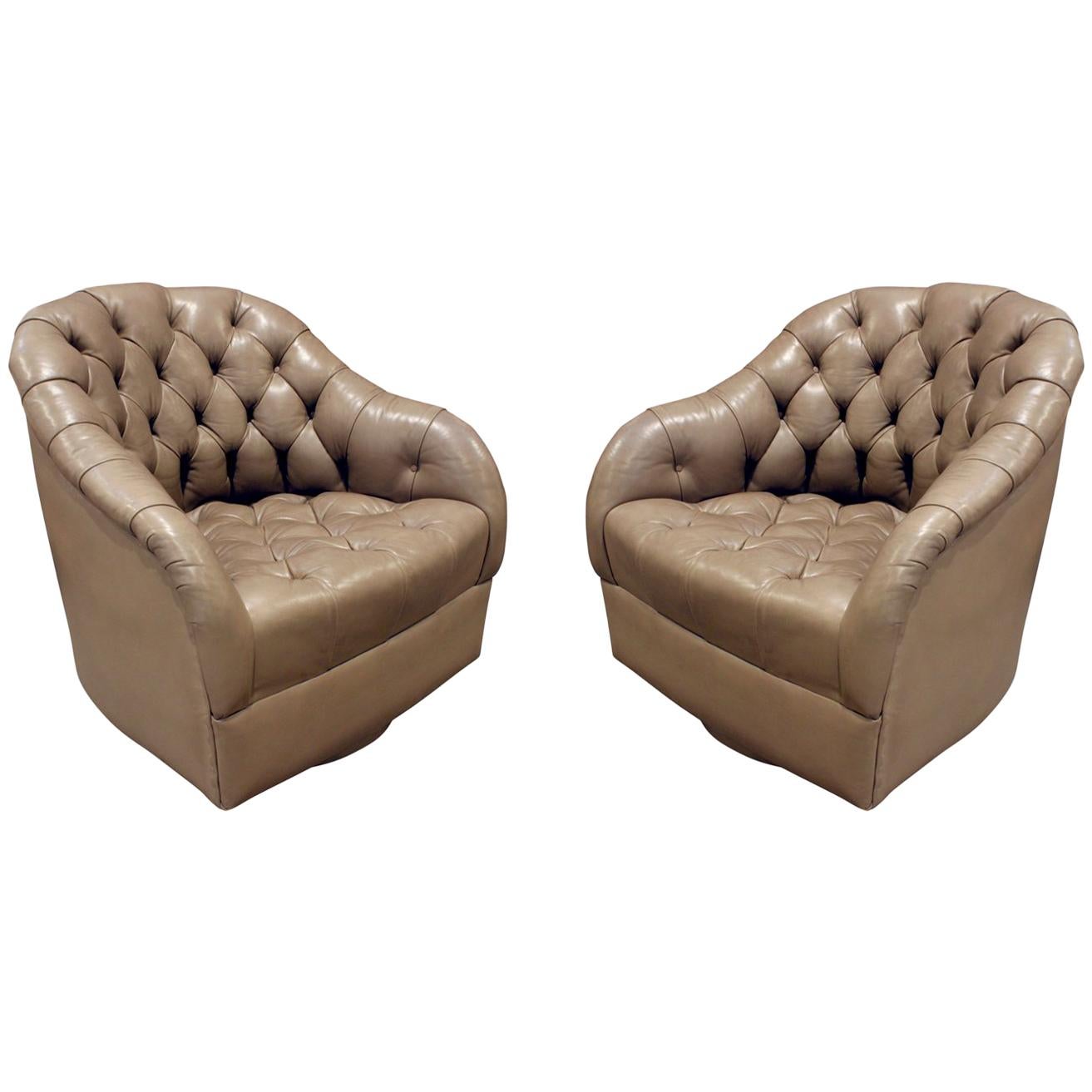 Ward Bennett Pair of Swiveling Tufted Leather Club Chairs, 1960s