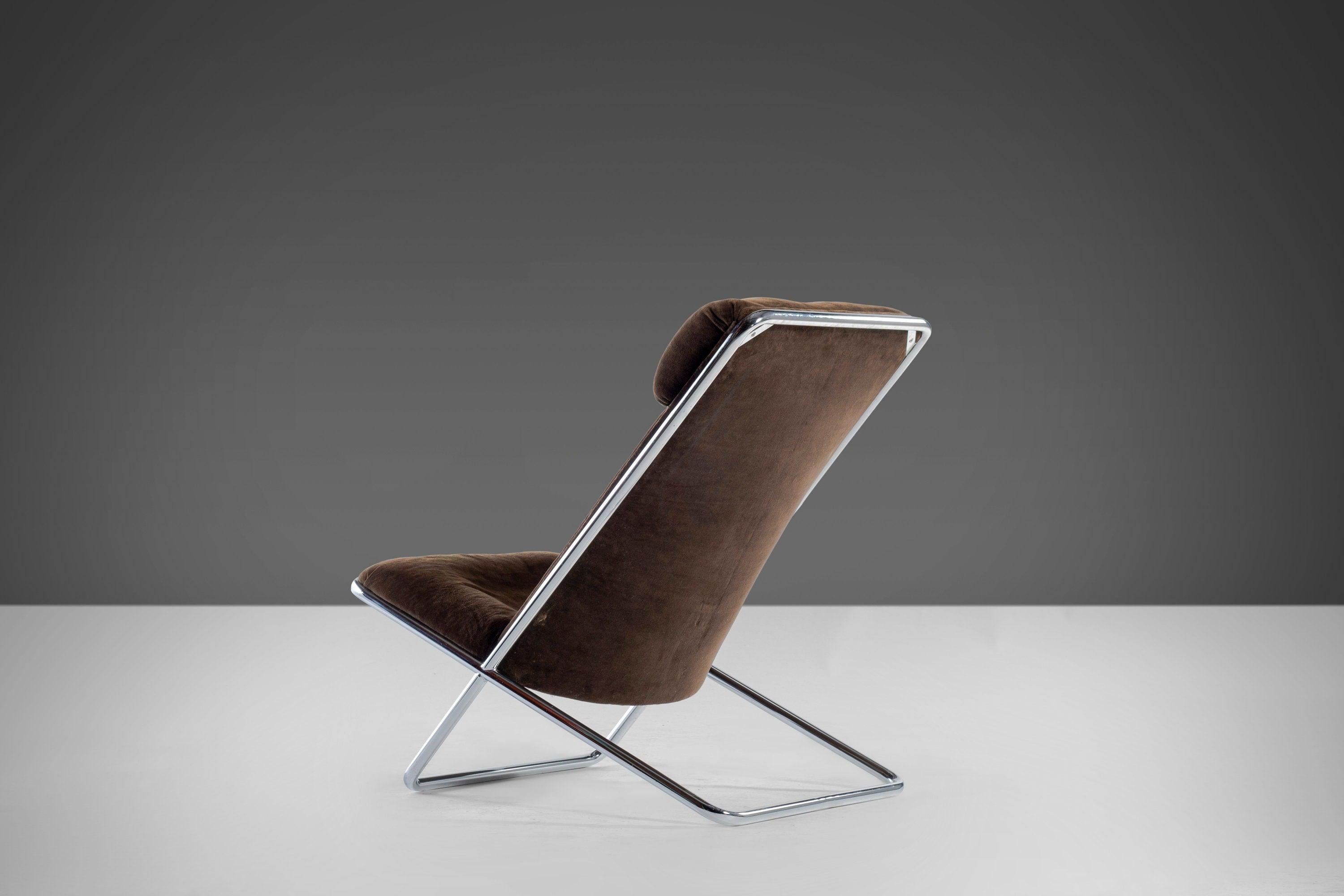 American Ward Bennett Scissor Chrome Lounge Chair in Original Brown Upholstery, c. 1960s For Sale