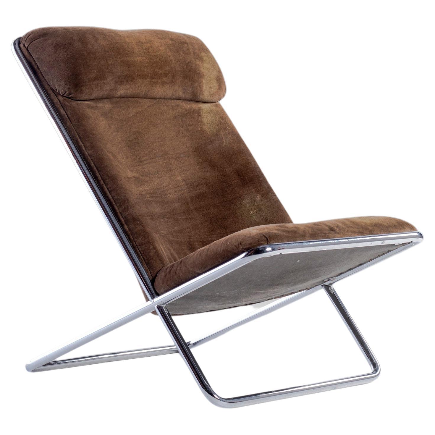 Ward Bennett Scissor Chrome Lounge Chair in Original Brown Upholstery, c. 1960s For Sale