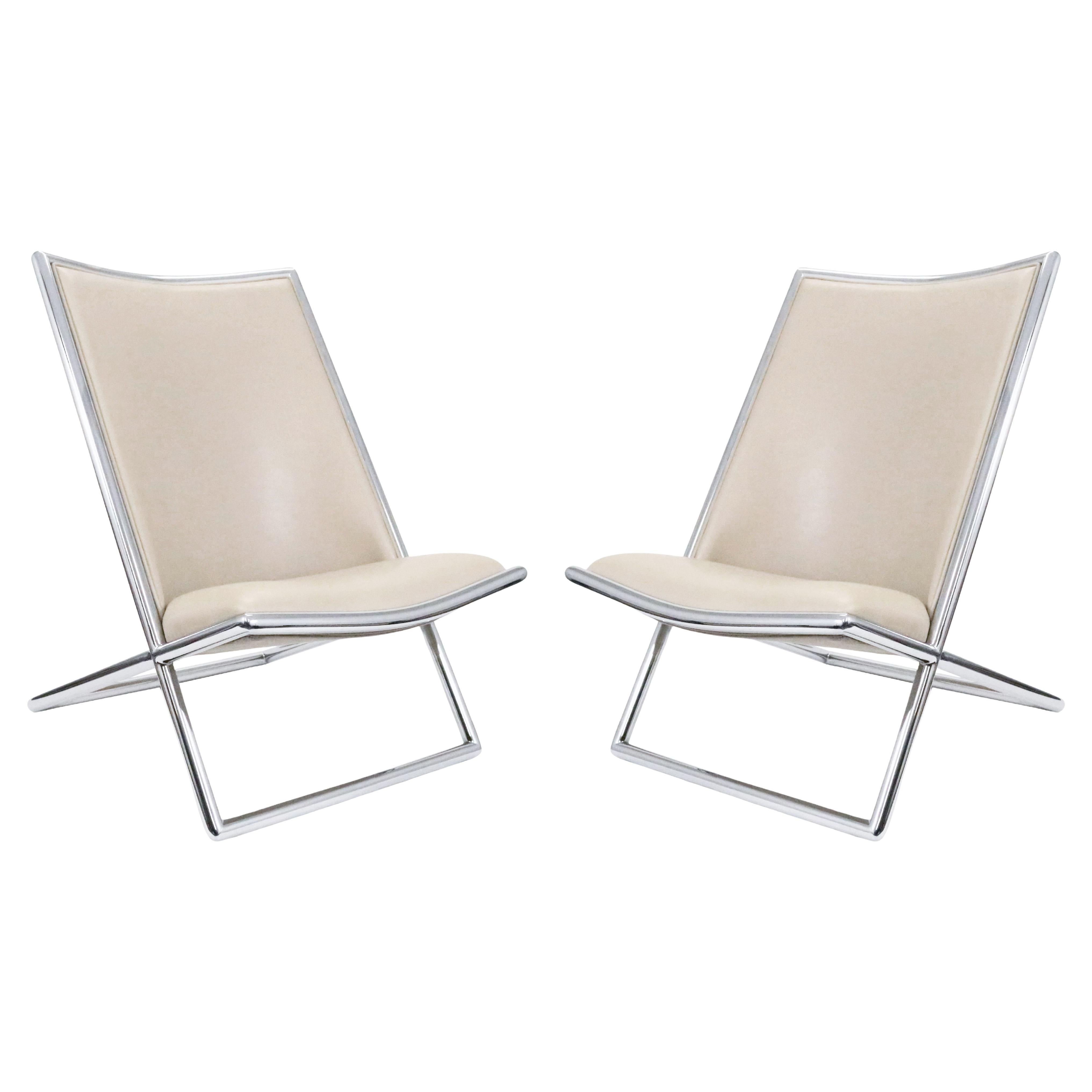 Ward Bennett "Scissor" Lounge Chairs for Brickel in Chrome and Beige Leather  For Sale