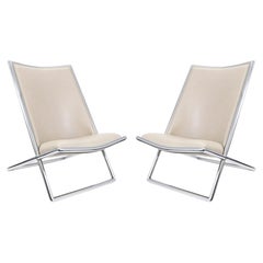 Ward Bennett "Scissor" Lounge Chairs for Brickel in Chrome and Beige Leather 