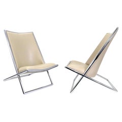 Vintage Ward Bennett "Scissor" Lounge Chairs for Brickel in Chrome and Beige Leather 