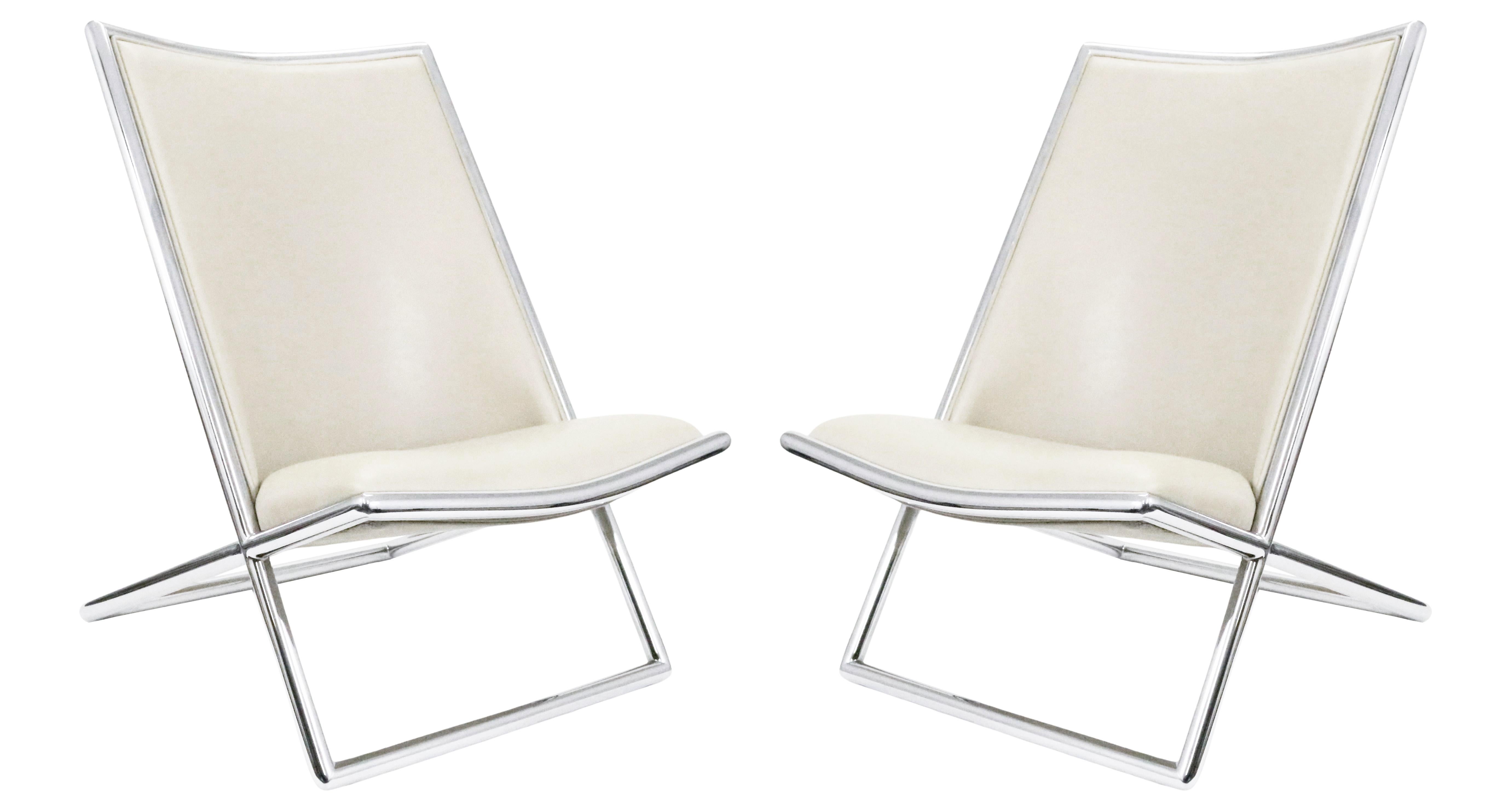 Ward Bennett "Scissor" Lounge Chairs for Brickel in Chrome and Beige Leather