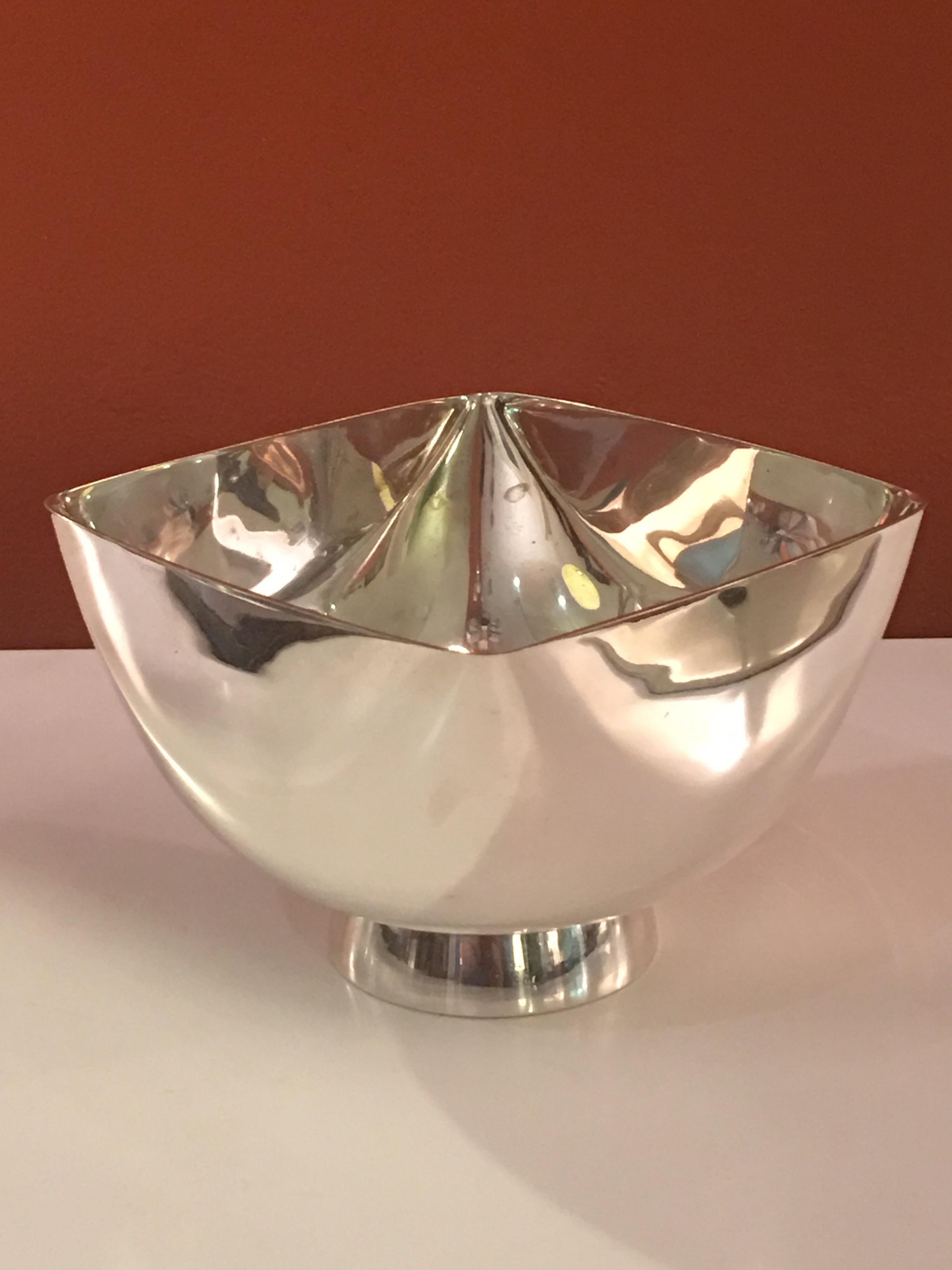 Ward Bennett signed silver plate small bowl. Sculptural form, outside silver plate is near perfect! Inside shows minor loses.