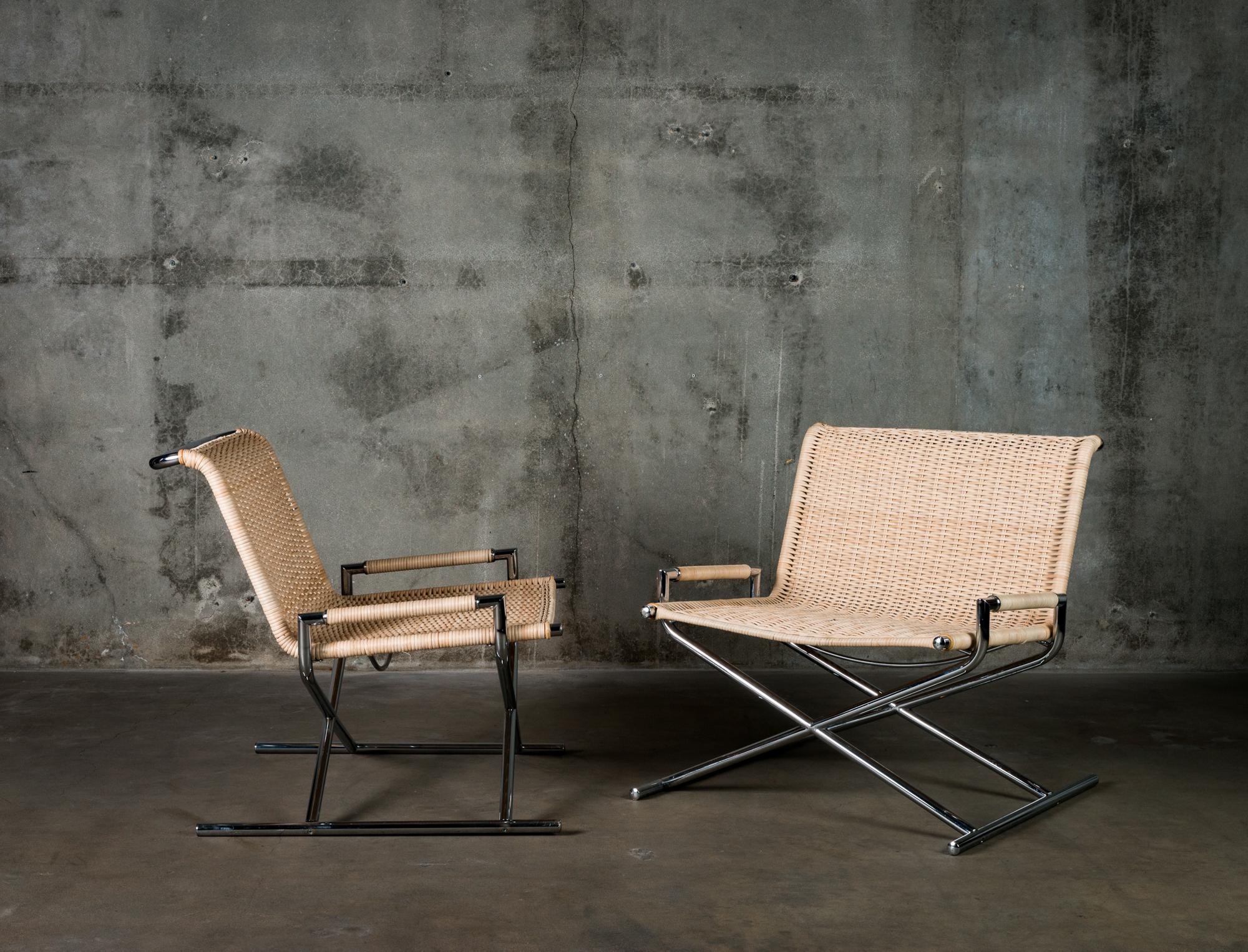 Pair of Ward Bennett for Brickell Associates “Sled” lounge chairs, in cane and chrome steel, 1960s.