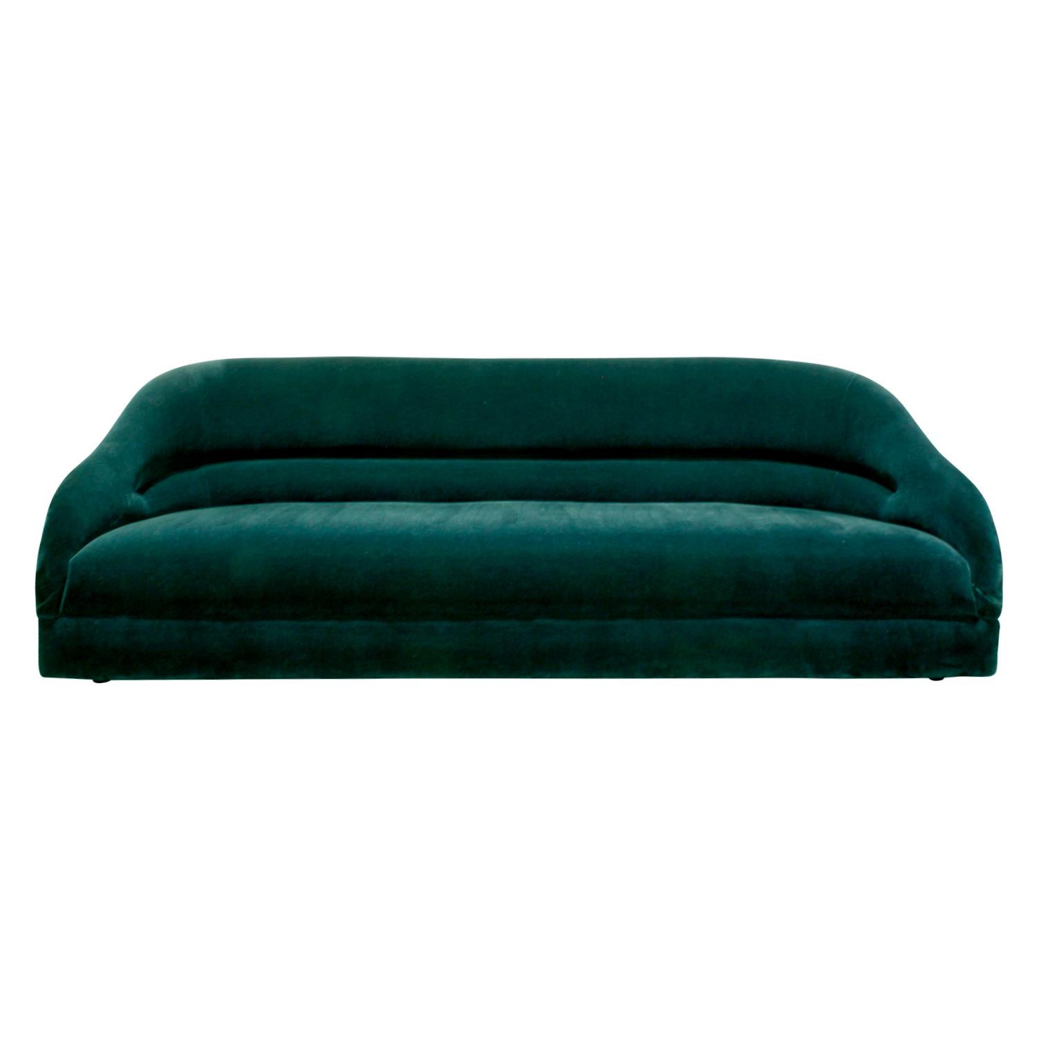 Elegant sofa model no. 2092 with back pleat upholstered in green velvet by Ward Bennett for Brickel Associates, American, 1970s. This is a very chic sofa design.