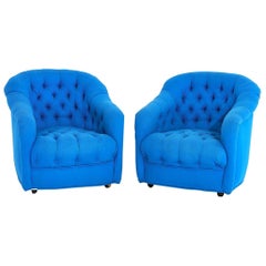 Ward Bennett Tufted Club Chairs in Original Blue Upholstery, 1970