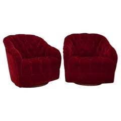 Ward Bennett Superb Pair of Tufted Swiveling Club Chairs in Red Velvet 1970s