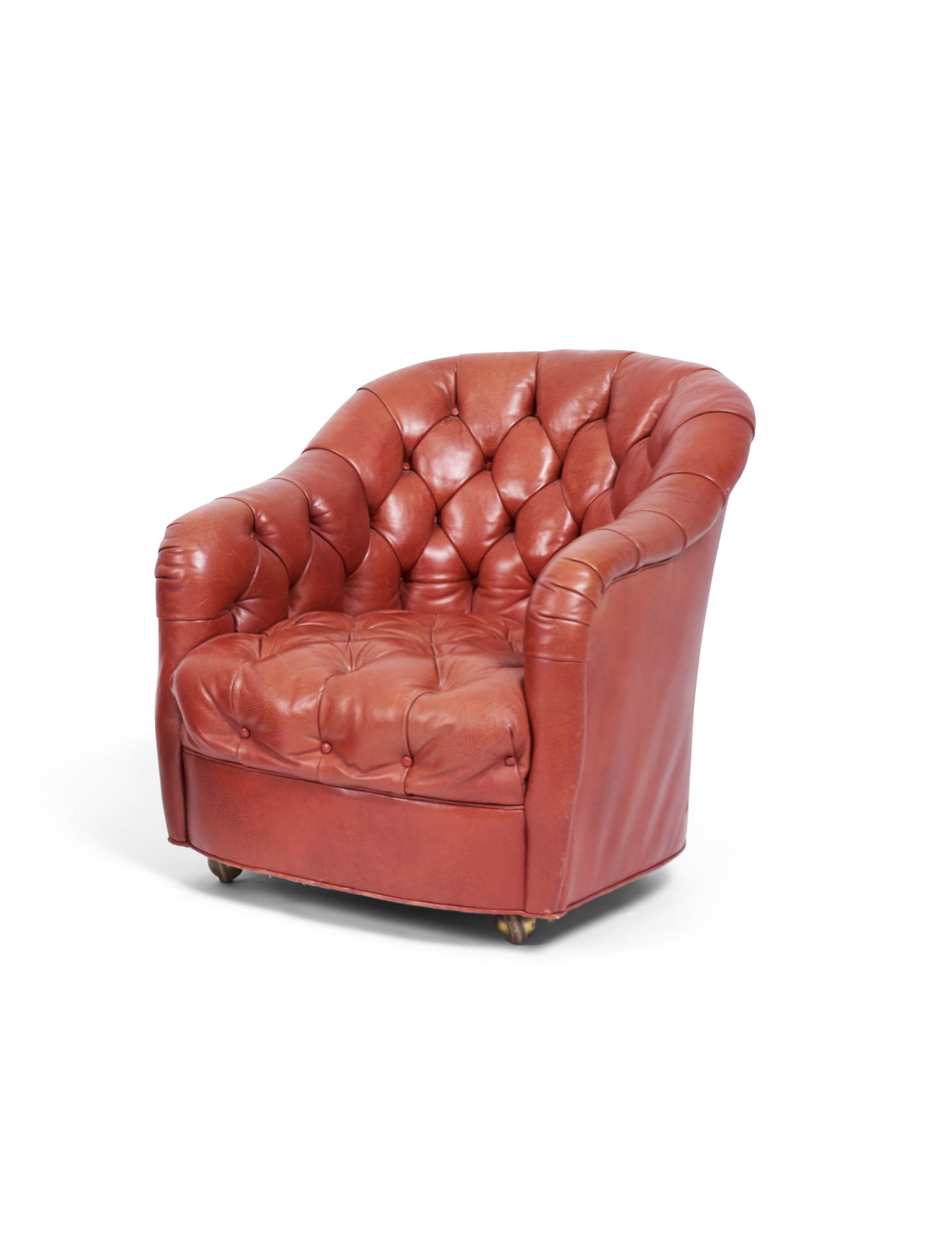 Ward Bennett Tufted Club Chairs, Original Red Leather In Good Condition In Chicago, IL