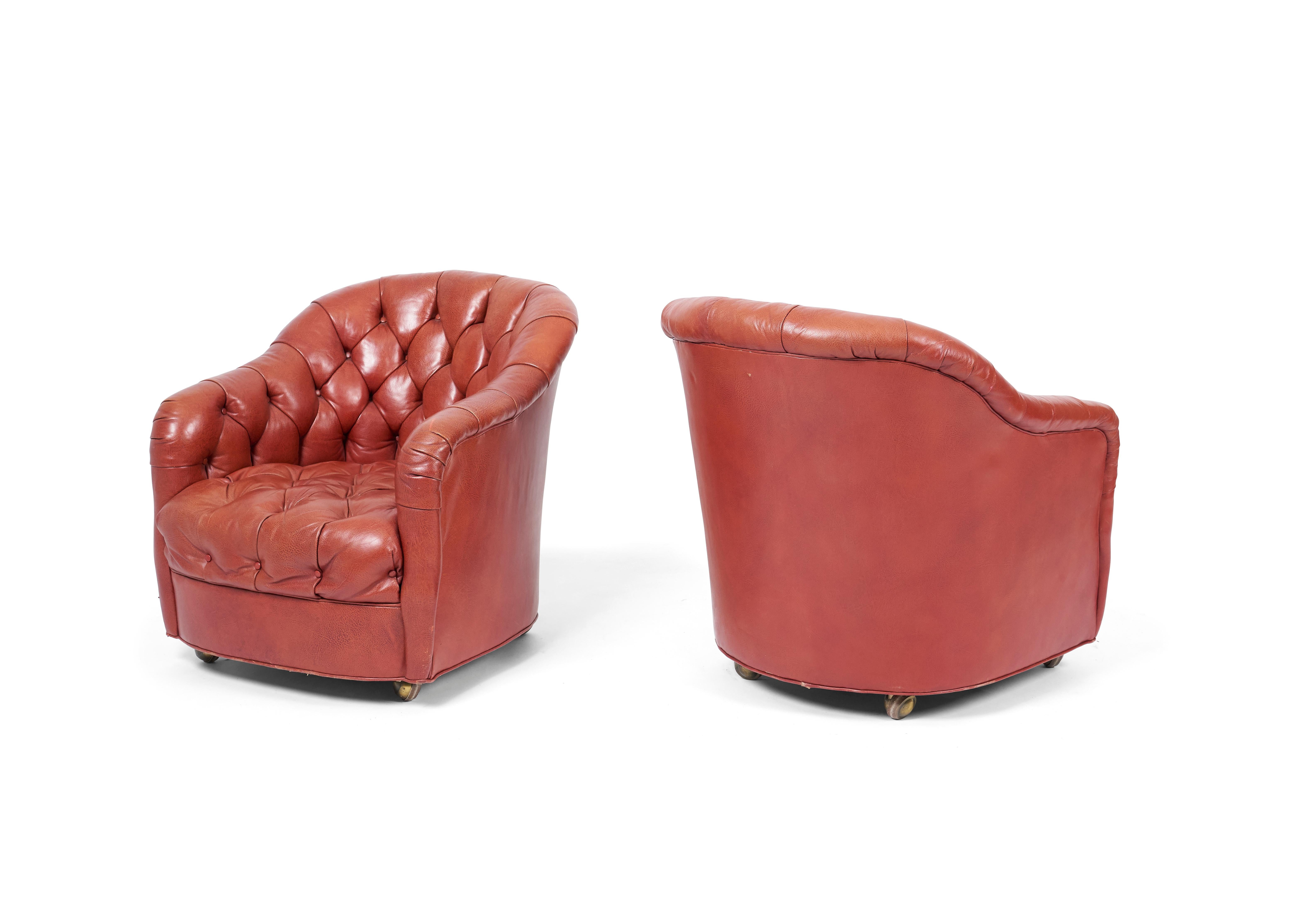 Mid-20th Century Ward Bennett Tufted Club Chairs, Original Red Leather