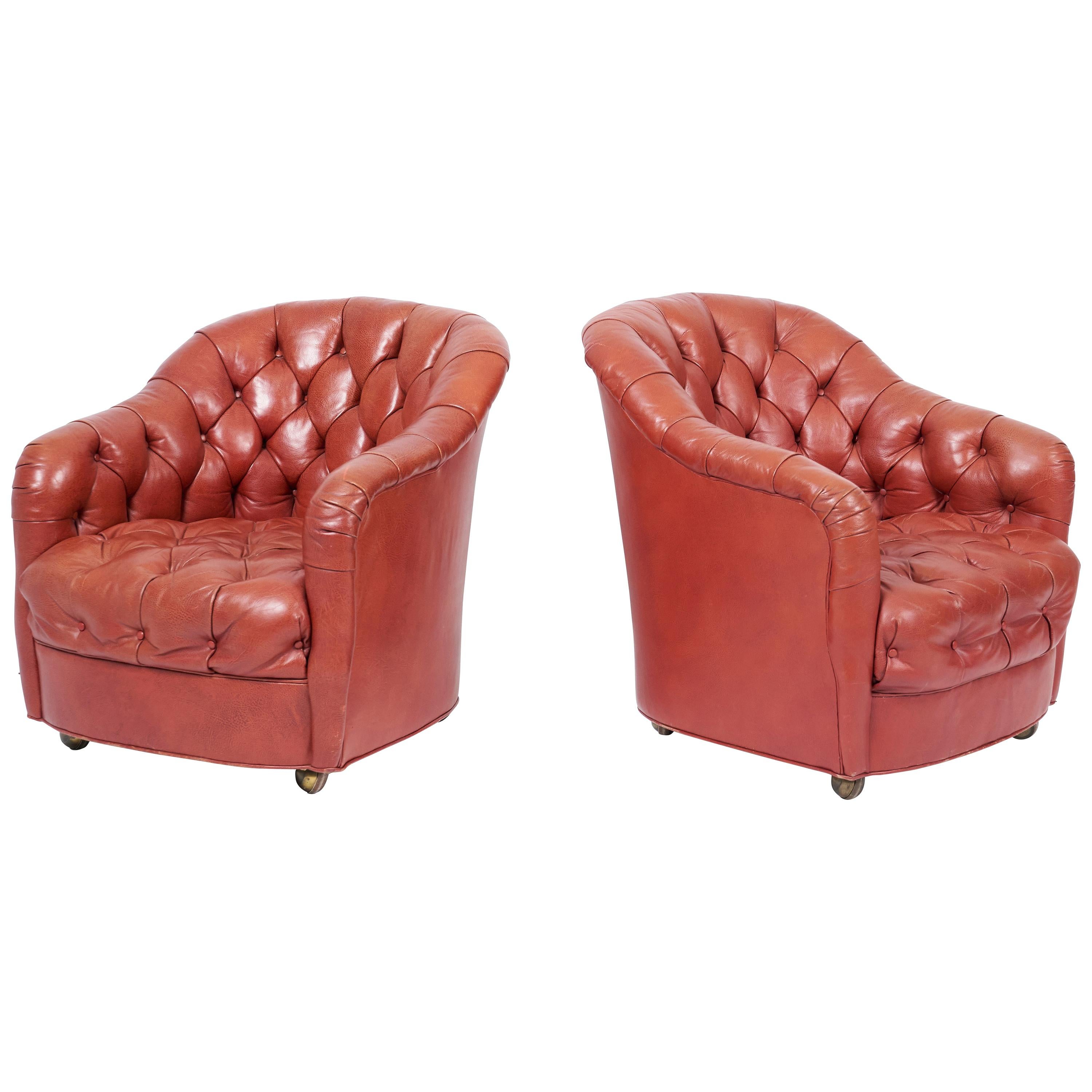 Ward Bennett Tufted Club Chairs, Original Red Leather