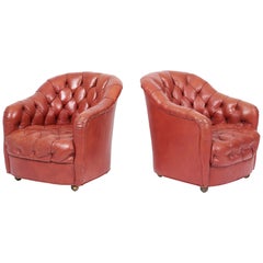 Vintage Ward Bennett Tufted Club Chairs, Original Red Leather