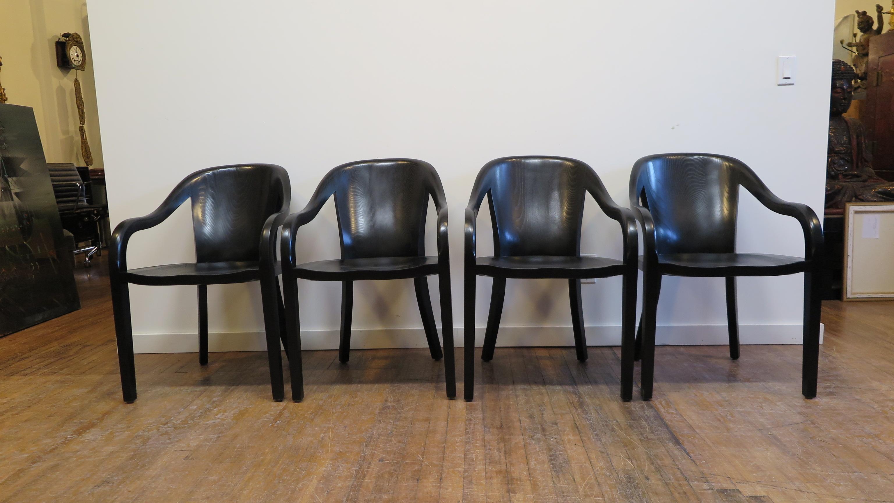 Set of four Ward Bennett University chairs in black waxed Ash. Very good condition. Ward Bennett produced these chairs through Brickell Associates in the 1970s. Each chair marked with the Brickell tag on the underside.
Designed in 1971 for the