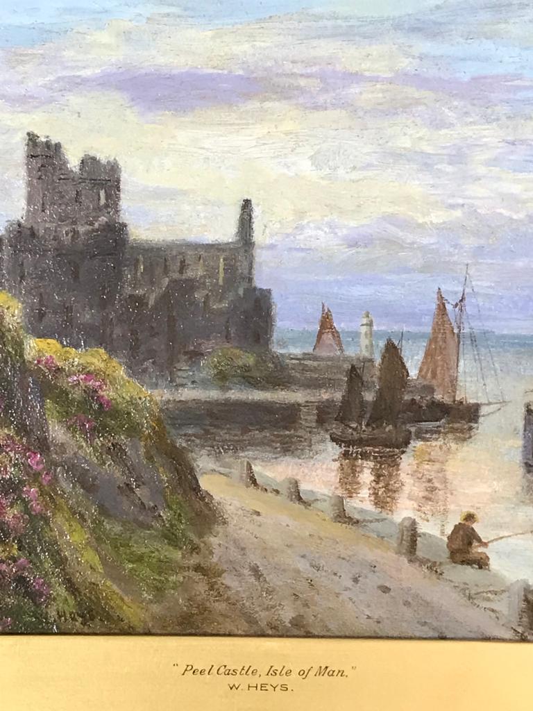 Peel Castle, Isle of Man mit Klippen und Booten im Hafen und weichem Licht – Painting von ward heys