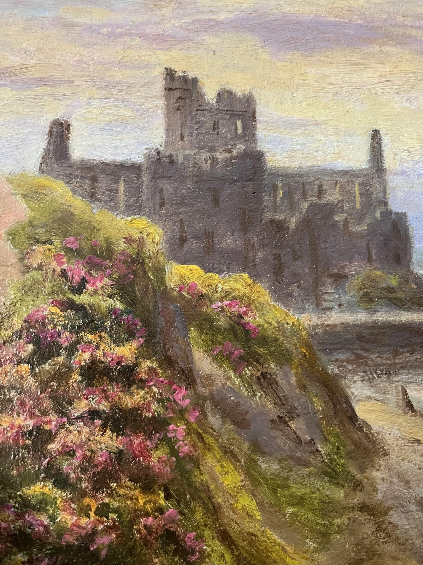 Peel Castle, Isle of Man with cliffs and boats in the harbour and soft light - Beige Landscape Painting by ward heys