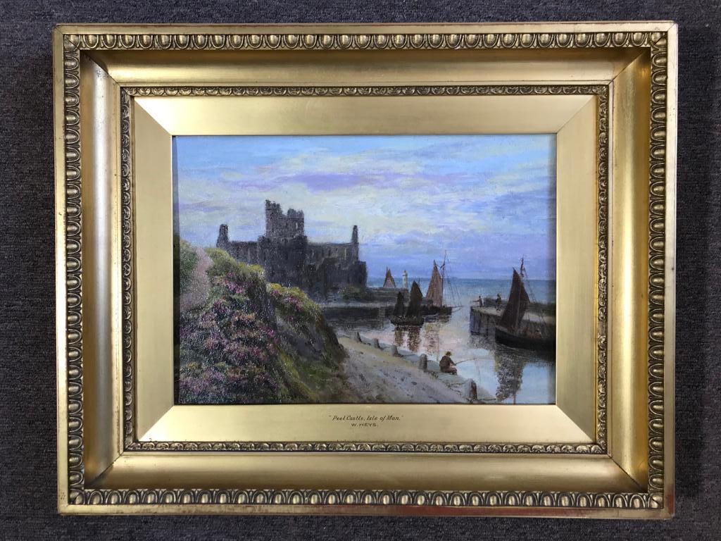 Victorian Seascape Marin  Pittura a olio del Castello di Peel sull'Isola di Man.  Un incantevole paesaggio marino con barche da pesca e le rovine del Castello di Peel  nel porto con i pescatori e il faro in vista.  Una scena interessante che mostra