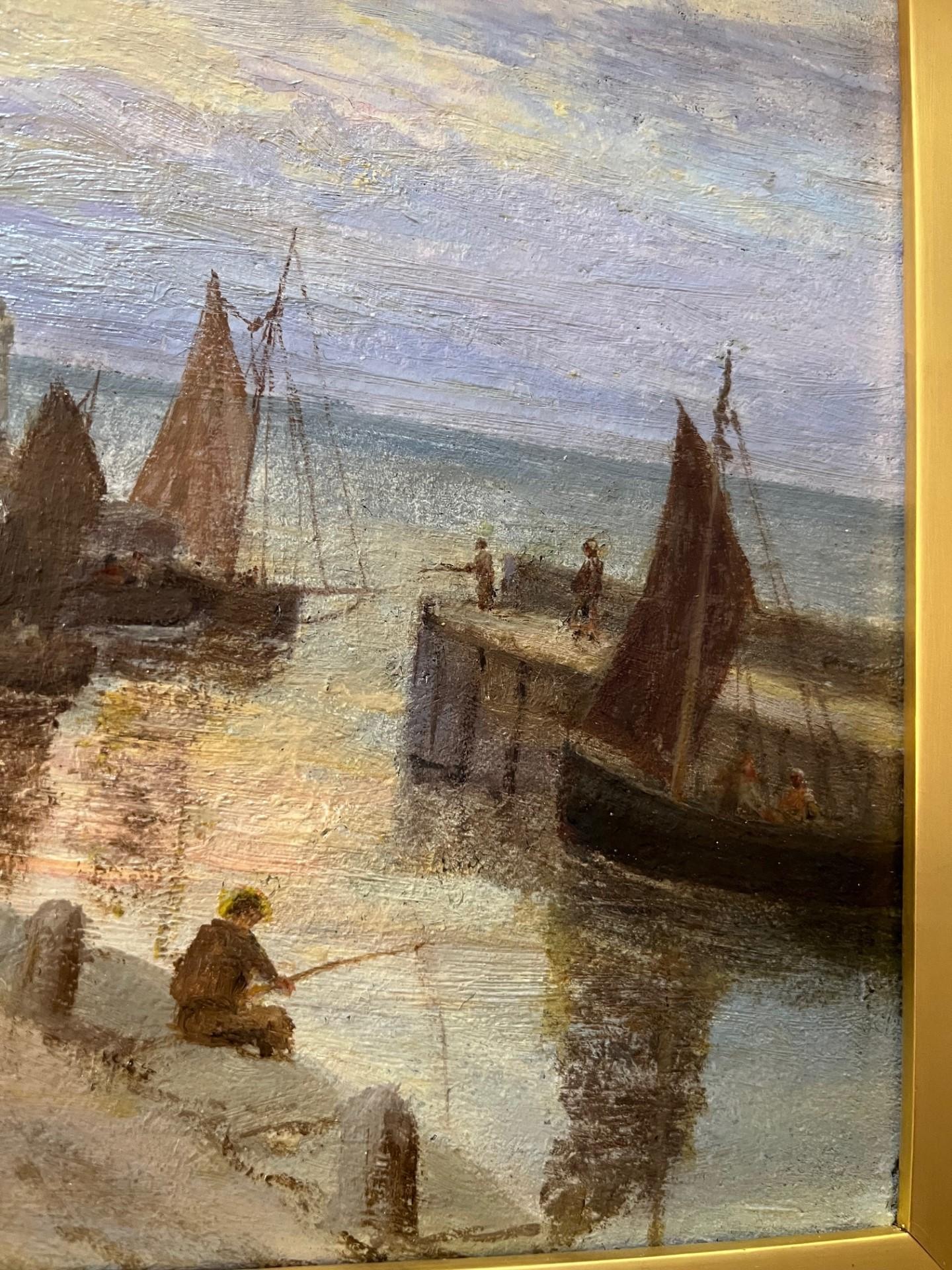 Victorian Seascape Marin  Pittura ad olio del Castello di Peel, Isola di Man con barche in vendita 2