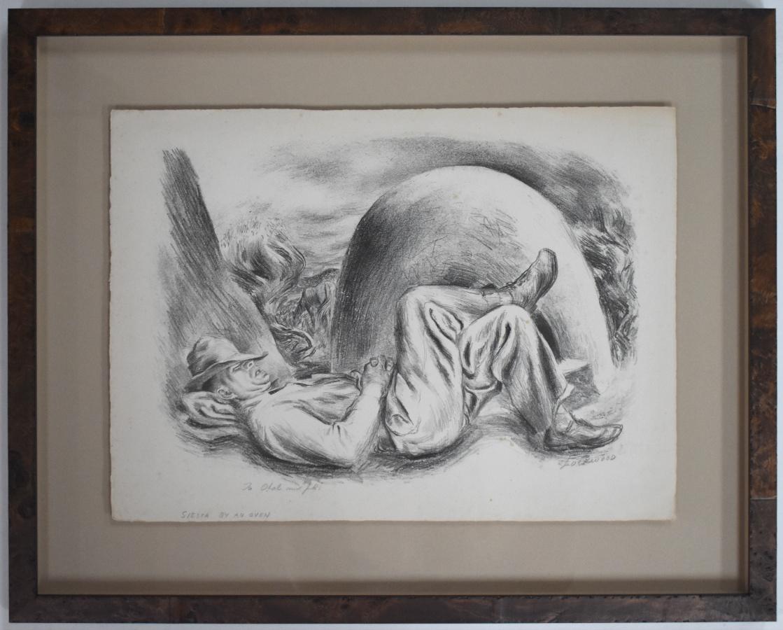 Ward Lockwood Figurative Print - "SIESTA BY AN OVEN"  LITHOGRAPH BY EARLY TEXAS & NEW MEXICO ARTIST OUTDOOR OVEN